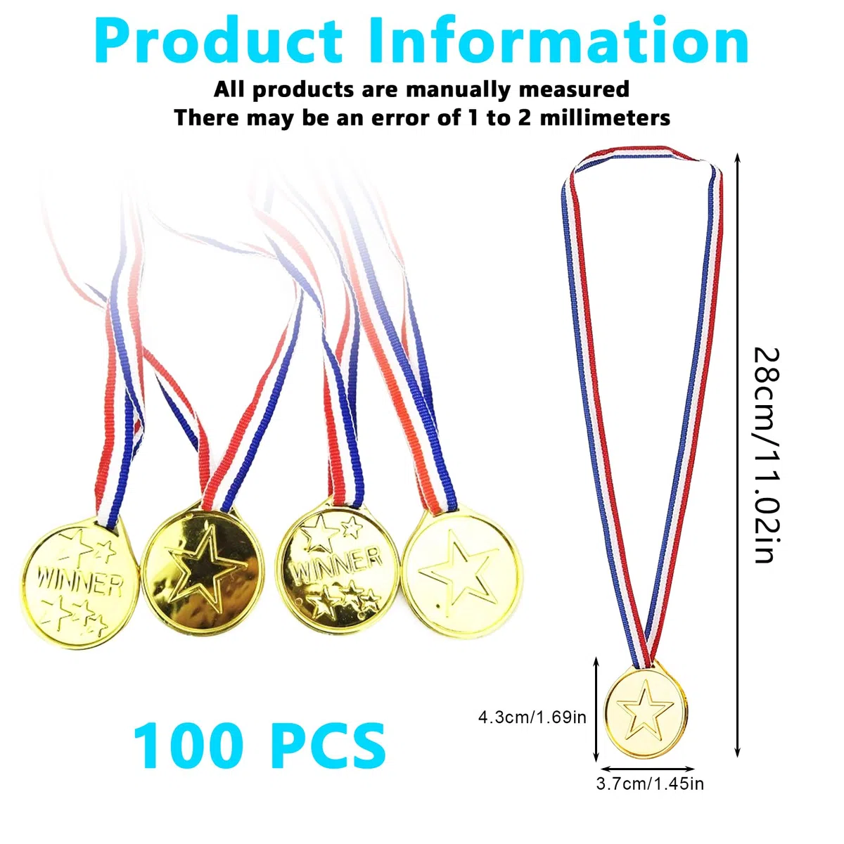 100 medallas para niños de juguete, medallas de oro para niños medallas, medallas de oro con cinta de nailon tricolor, medallas de premios de metal para fiestas de fútbol niños
