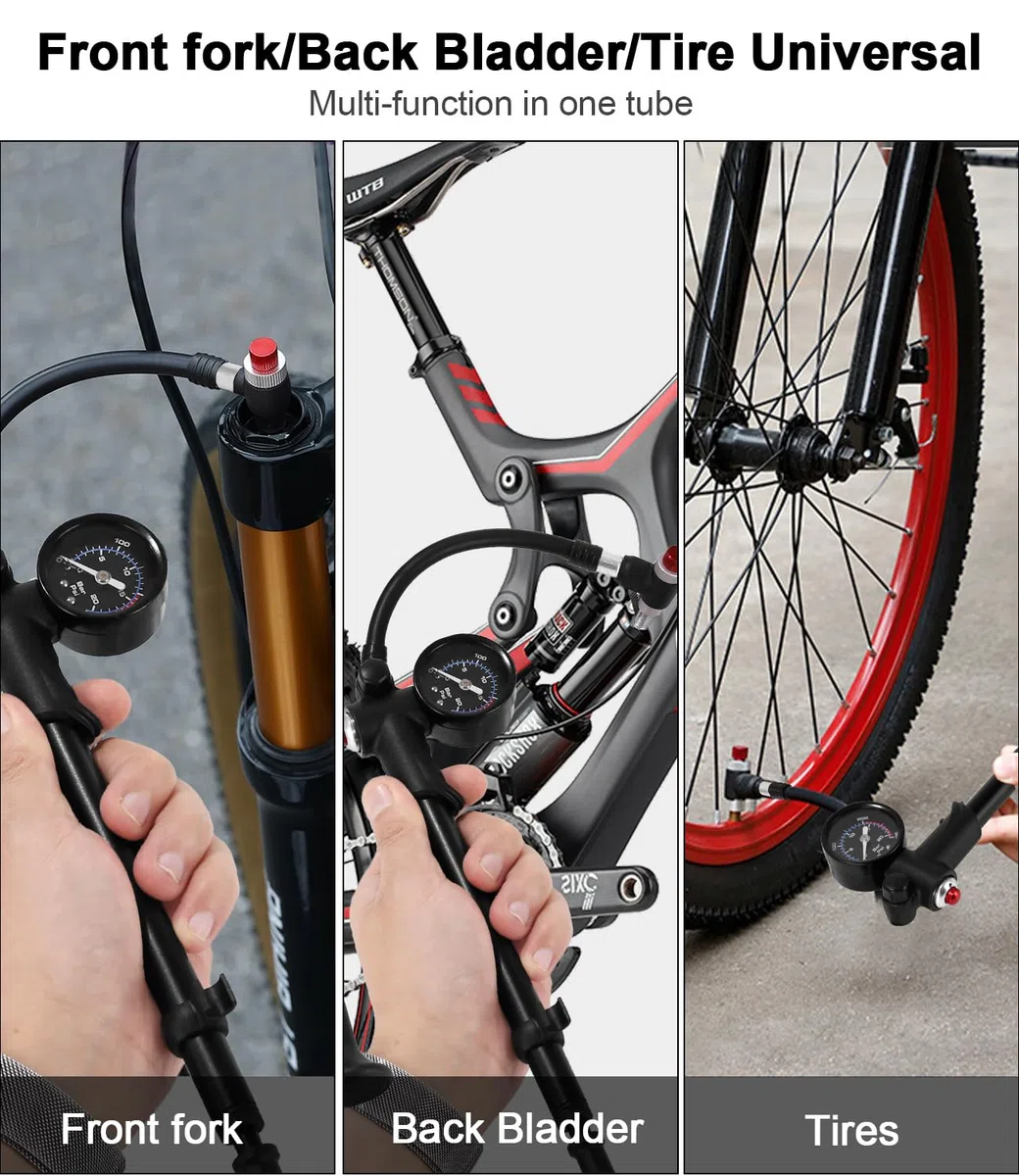 Bomba de Choque de Alta presión(MAX 300 PSI), Bomba de Bicicleta con manómetro y botón de Purga, Horquilla/suspensión Trasera 2 en 1 y Bomba de neumáticos para Bicicleta MTB, Bicicleta de Carretera