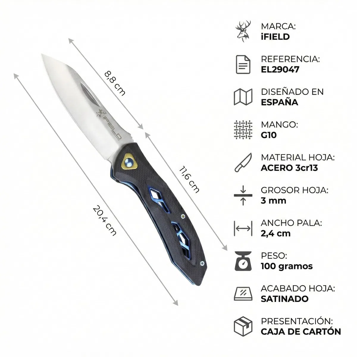 Navaja iFIELD EL29047. Diseñada en España, Navaja con cachas G10 y hoja de Acero 3cr13 de 8,8 cm. Longitud total de 20,4 cm. La herramienta perfecta para camping, pesca, caza y actividades deportivas.