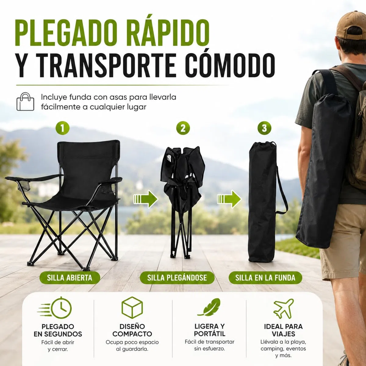 TIENDA EURASIA - Silla Playa o Camping | con Funda de Transporte y Asas | Plegable | Estructura de Metal | Asiento Impermeable | Color Negro | Medida 50 x 50 x 80 cm