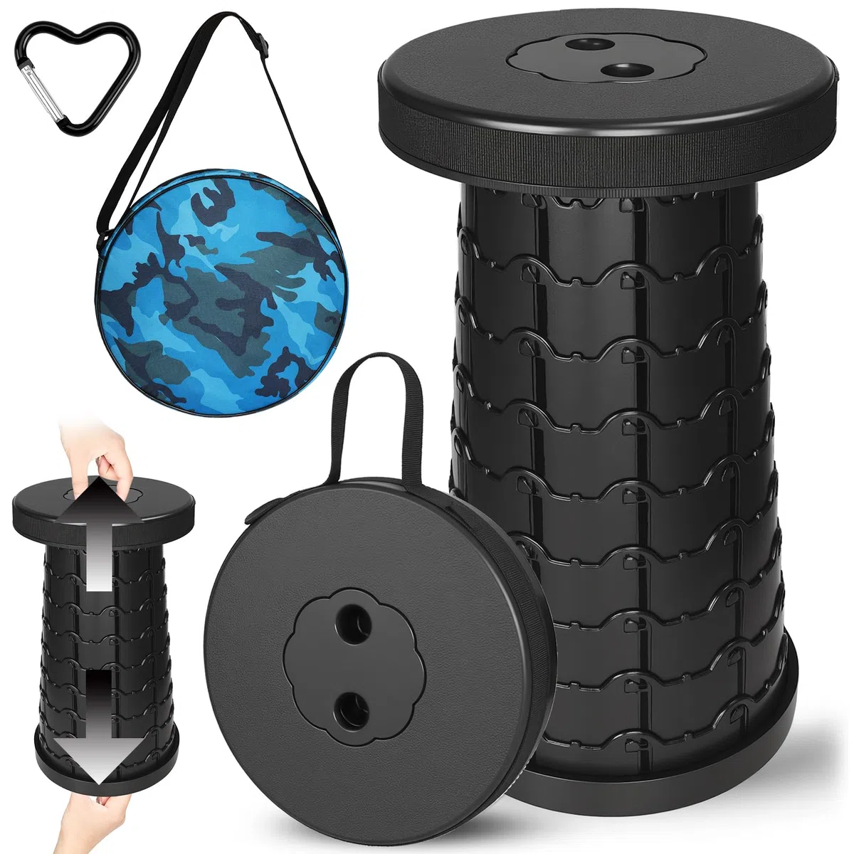 USHOP Taburete Plegable Portátil, Taburete Plegable Telescópico, Altura Ajustable, Ligero, Negro, Plástico, Adecuado para Camping, Pesca, Senderismo y Actividades al Aire Libre