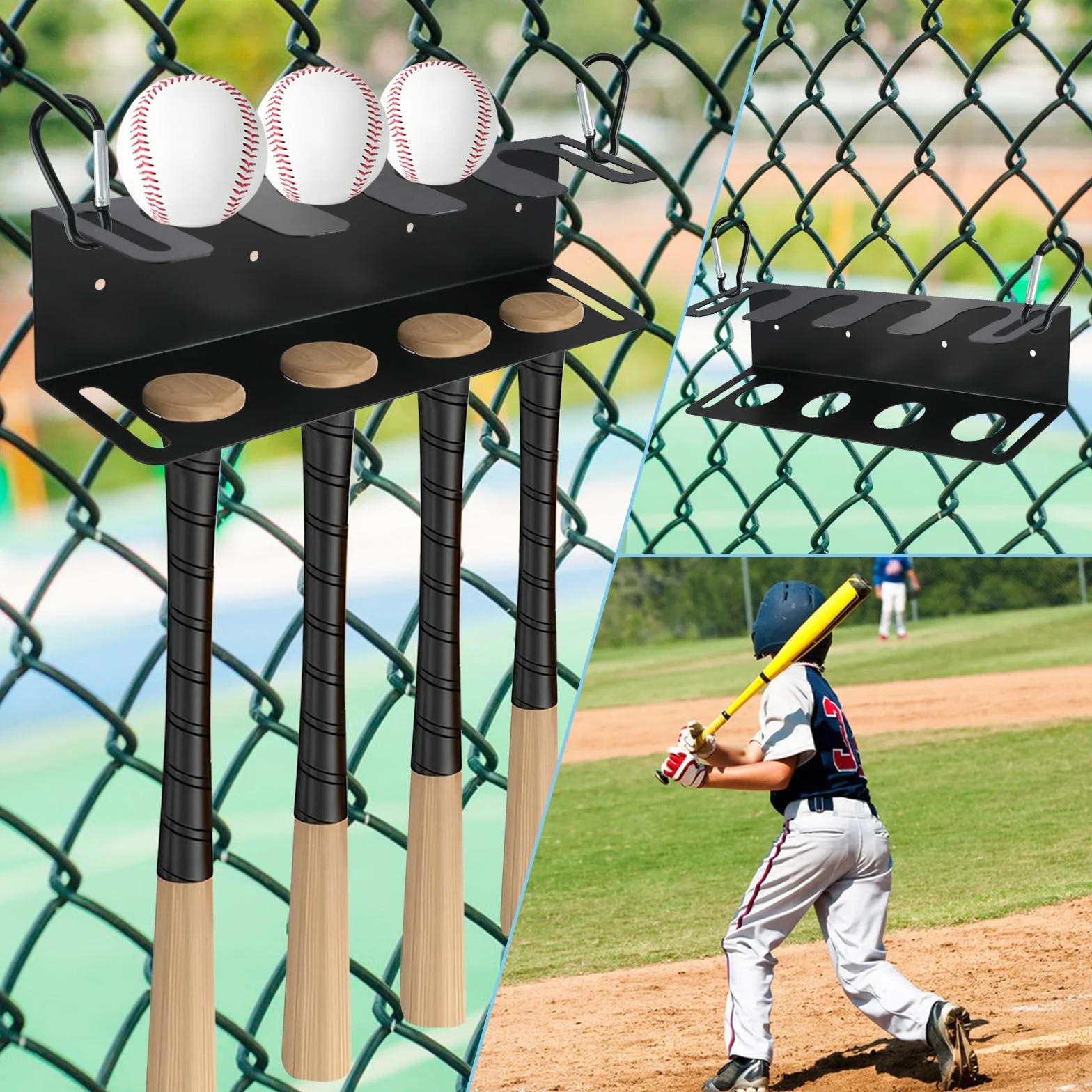 Estante de béisbol de metal resistente para raquetas y pelotas, organizador de equipamiento deportivo (negro)