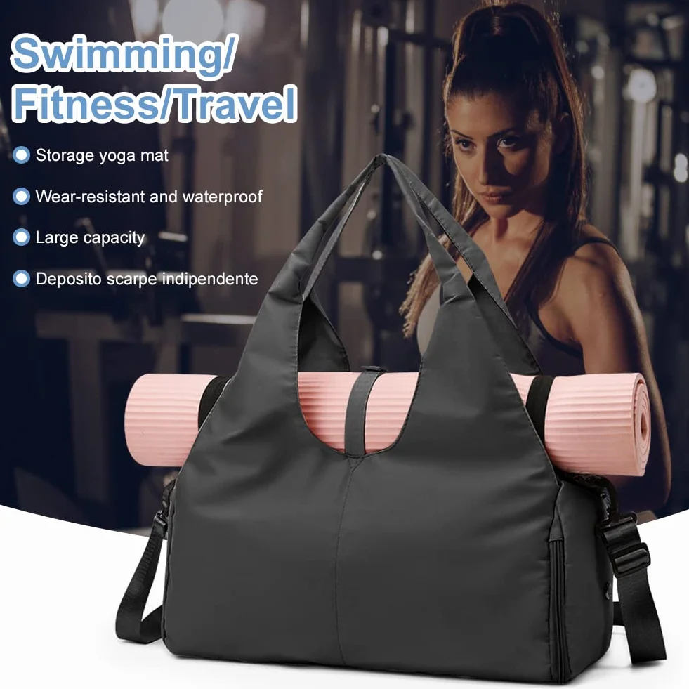 Aucuu Bolsa Deporte Gym, Bolsa de Fitness Deportiva y Yoga con Compartimento para Zapatos Bolsillo Húmedo, Gran Alfombra para Pilates,Bolsillo Laterales Botellas de Agua,Esterilla de Yoga no Incluida