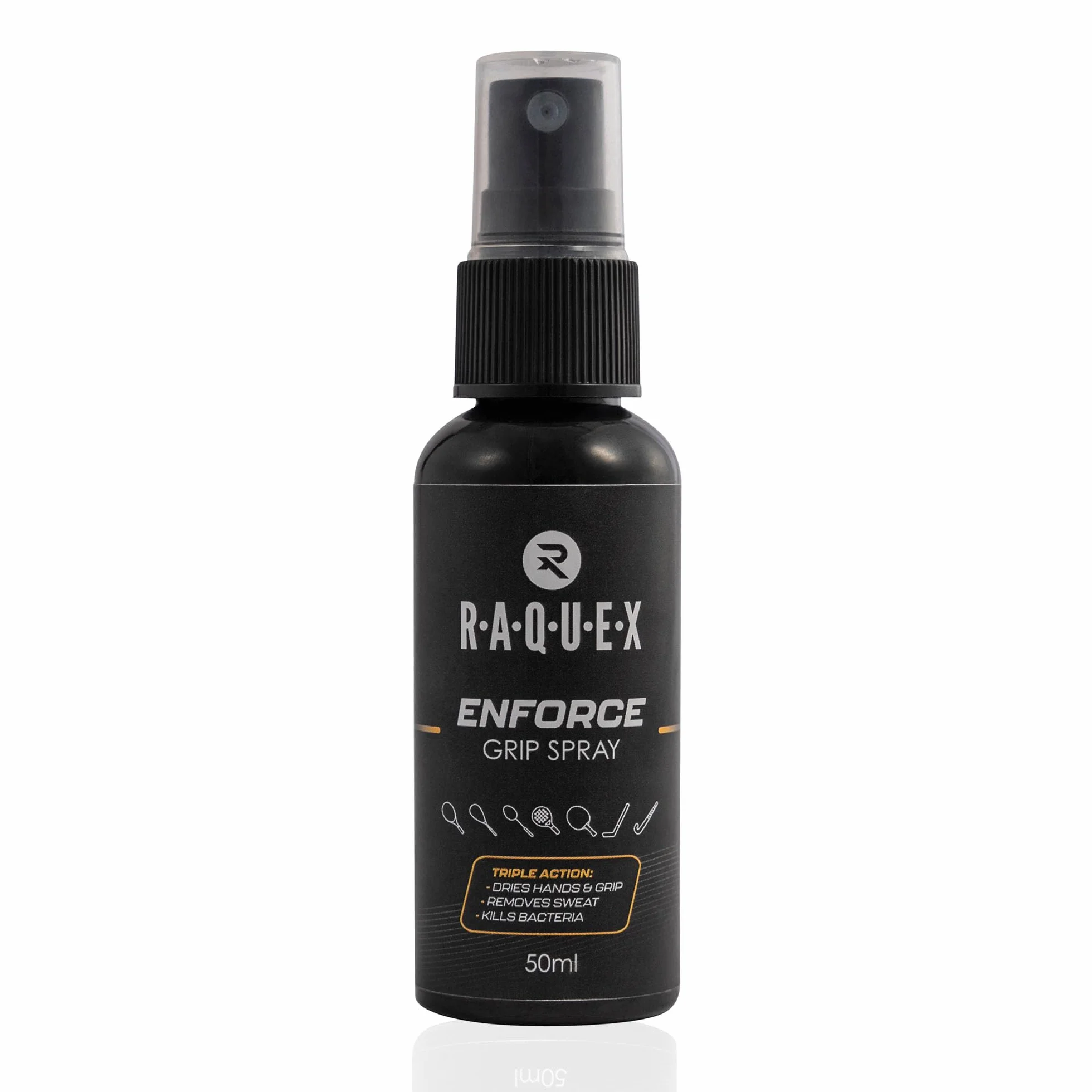Raquex Spray Enforce Grip, 50 ml, Spray de Agarre para Unas Manos secas y sin Sudor para Deportes de Raqueta y Hockey. Spray de tracción de Secado rápido Que Elimina el Sudor para un Agarre excelente