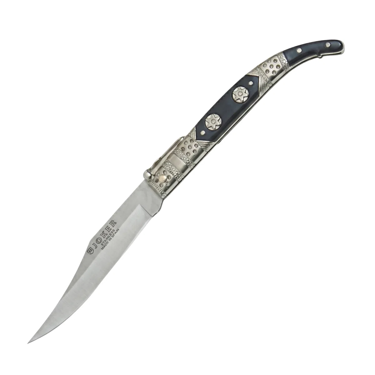 Joker Navaja clásica con puño zamak N103A decorado y hoja 10 cm, peso 80 gr, acero inox 420, herramienta de pesca, caza, camping y senderismo