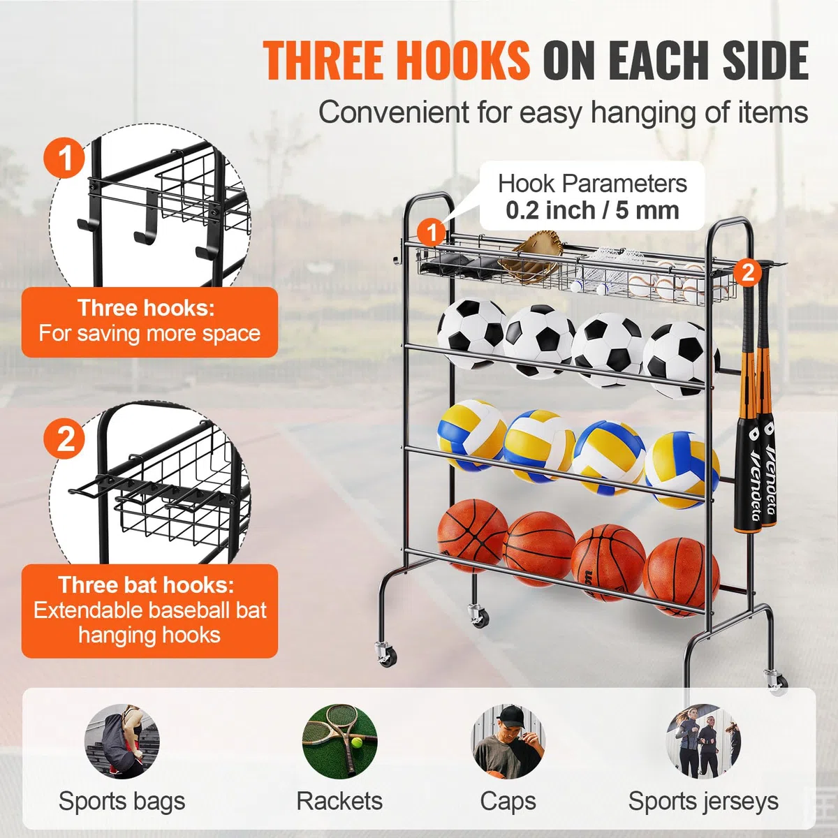 VEVOR Estante para Pelotas de 4 Capas, Soporte de Baloncesto con Ruedas, Organizador de Almacenamiento de Equipo Deportivo con Ganchos y Cestas, para Entrenamiento de Tiro, Baloncesto, Fútbol