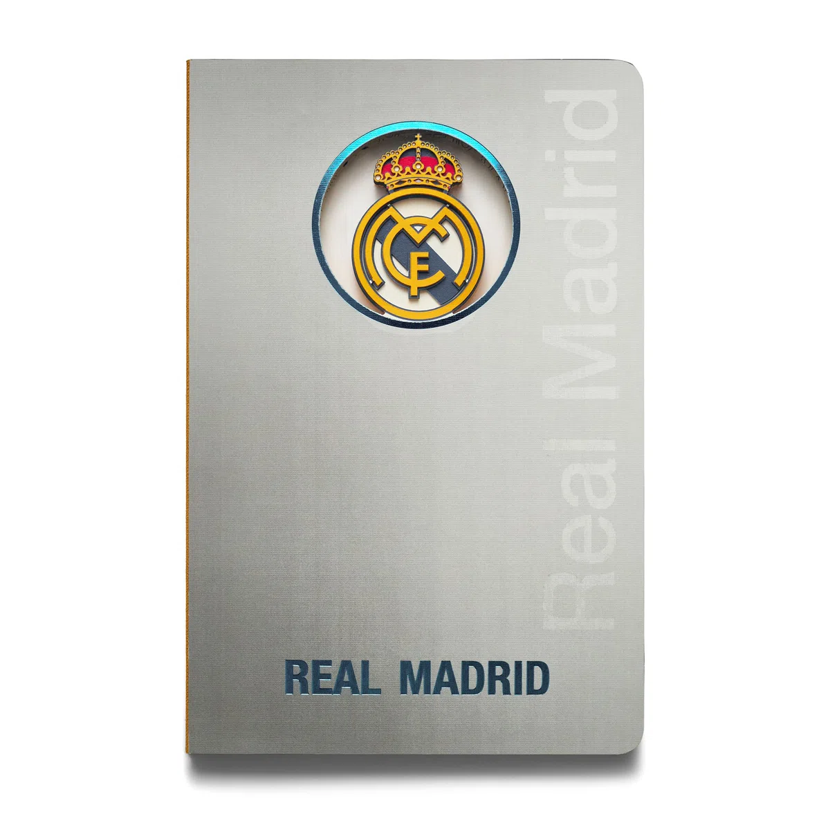 Cuaderno Real Madrid con Escudo en 3D - Encuadernación con Lomo Textil y Acabados de Calidad - 120 páginas sin pautar - Color Gris - Tamaño A6