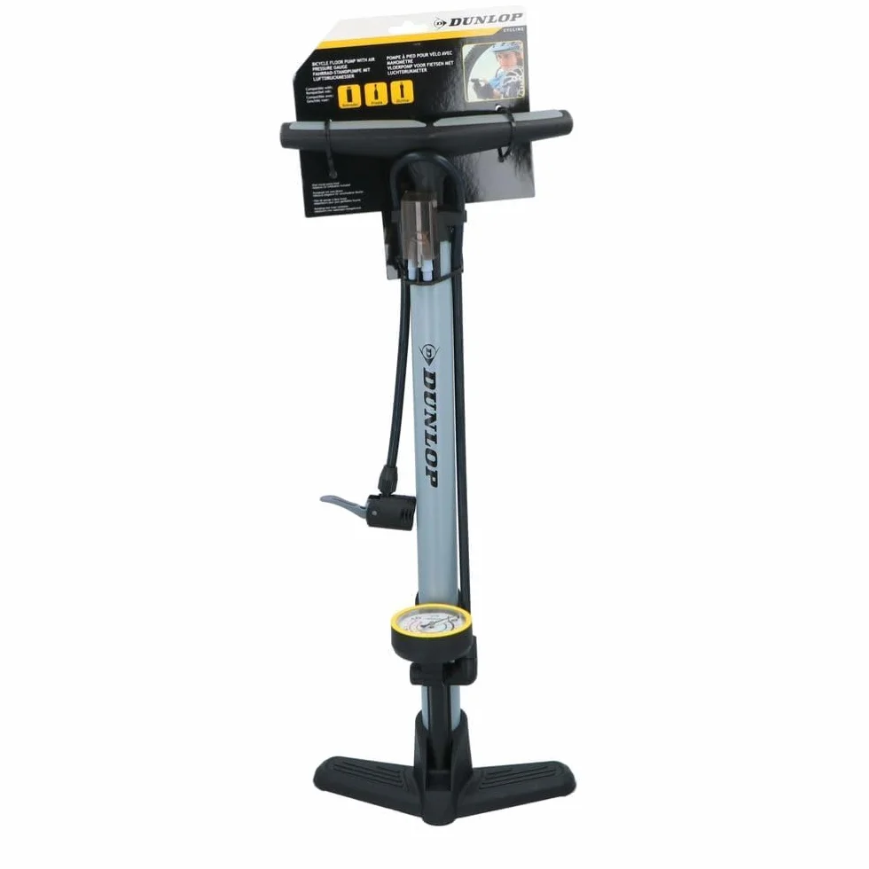 Dunlop Bomba Bicicleta con Manómetro - Inflador Ruedas Coche y Bicileta - Hinchador Bicicleta para válvulas Dunlop, Schrader y Francesas - Bomba de Aire con Adaptadores Juguetes Acuáticos y Balones