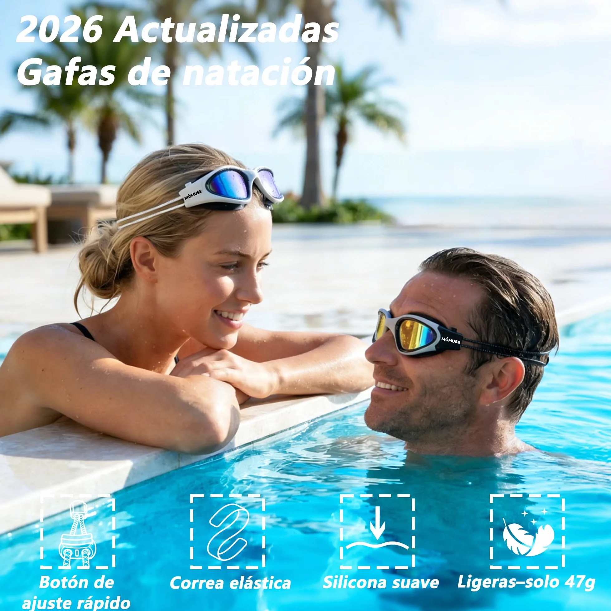 MOMUSE Gafas de Natación Adultos Cordón Elástico Cómodo, Protección UV, Sin Tirar Cabello Antiempañantes. Gafas Piscina Hombre Mujer, Campo Visión Amplio Piscina, Playa, Entrenamiento