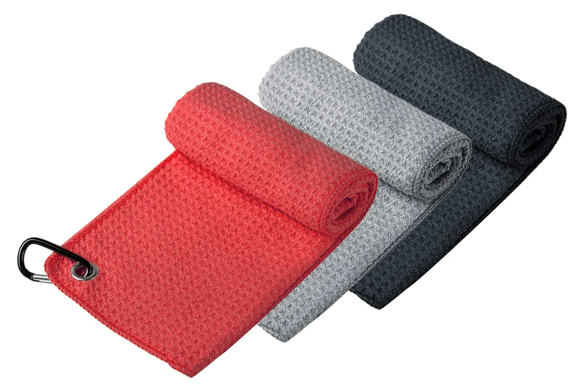 Handy Picks Toalla de Golf de Microfibra (40 x 40 cm) con Clip de mosquetón, diseño de gofre, Toalla de Golf con Cierre de Gancho y Bucle, la práctica Toalla de Limpieza de Golf (Negro/Gris/Rojo)