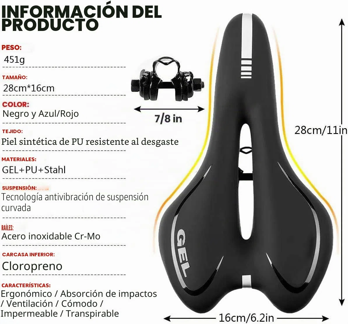 ZONSUSE Sillín de Bici de Gel,Sillin Bicicleta Montaña,Cómodo Asiento Ergonómico de Bici de Gel Antiprostatico Impermeable y Transpirable,para MTB,Bicicleta de Carretera,con Funda Impermeable