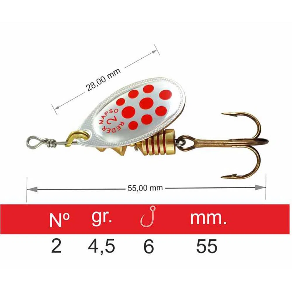 MAPSO - Blister 4 Cucharillas de Pesca Reder nº2 Plata roja, 4,5 GMS.