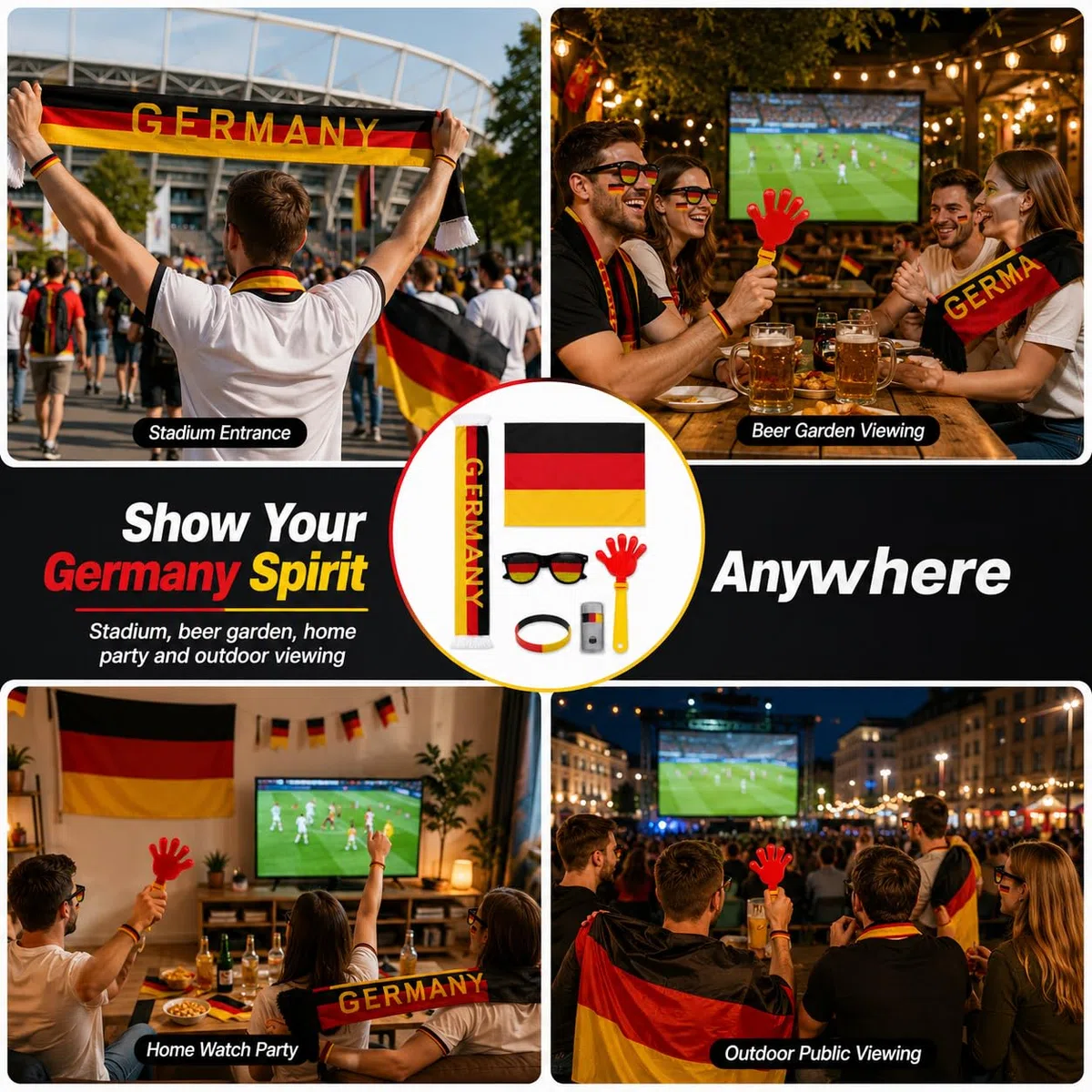 Juego de 6 piezas para fanáticos de Alemania, bufanda, gafas, bandera, chisme, pintura facial y pulsera – regalos típicos alemanes para aficionados al fútbol, accesorio perfecto para estadio, vista