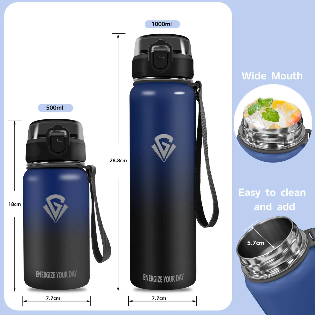 Grsta Botella Agua Acero Inoxidable, Botella Agua 1 litro, Botella Termica con Pajita, Botella Agua Gimnasio sin BPA, Doble Pared al Vacío, Botella Reutilizable Para Deportes, Camping, Ciclismo, Yoga