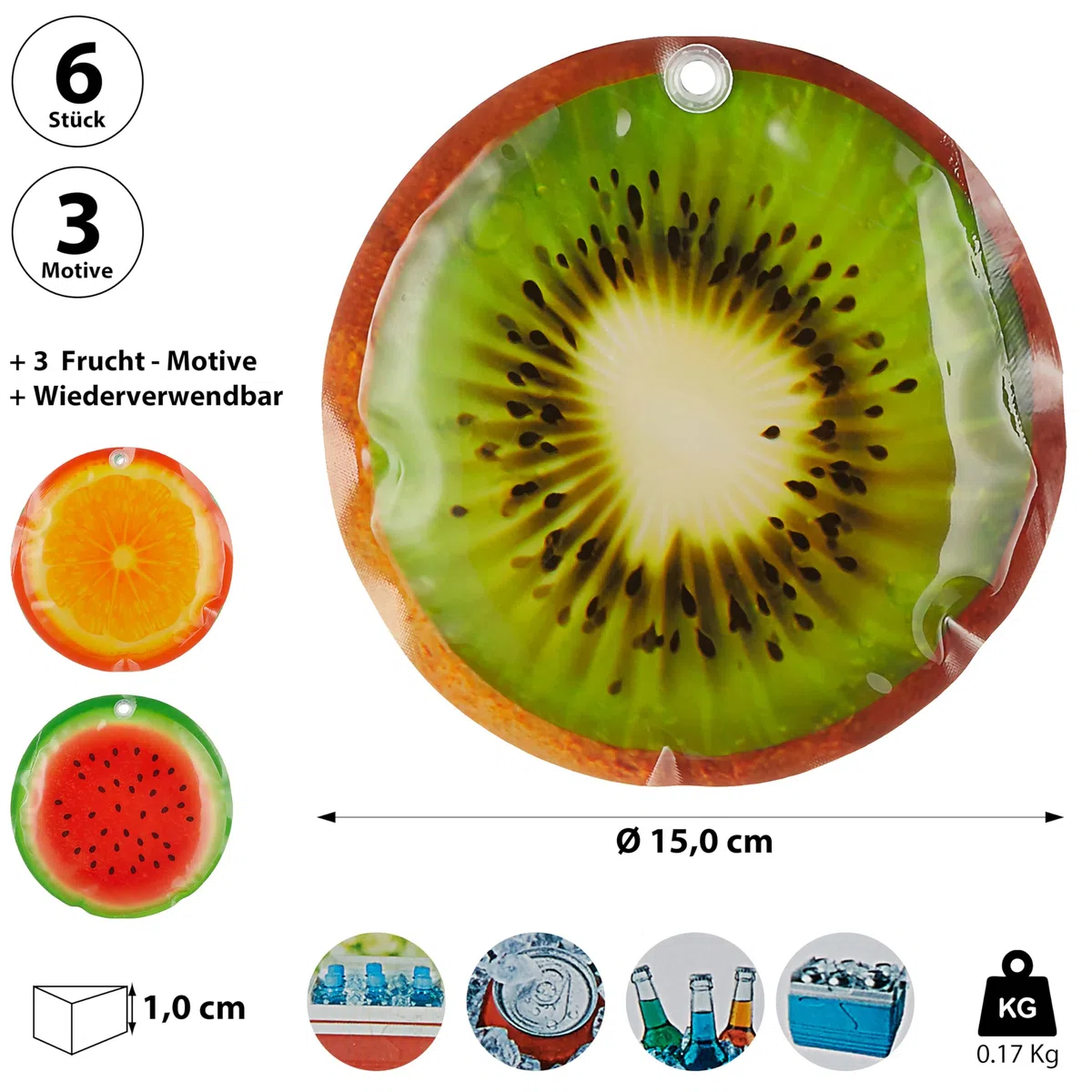Cepewa Juego de 6 acumuladores de frío para frutas, 15 x 1 cm, de plástico reutilizable, para bolsa isotérmica
