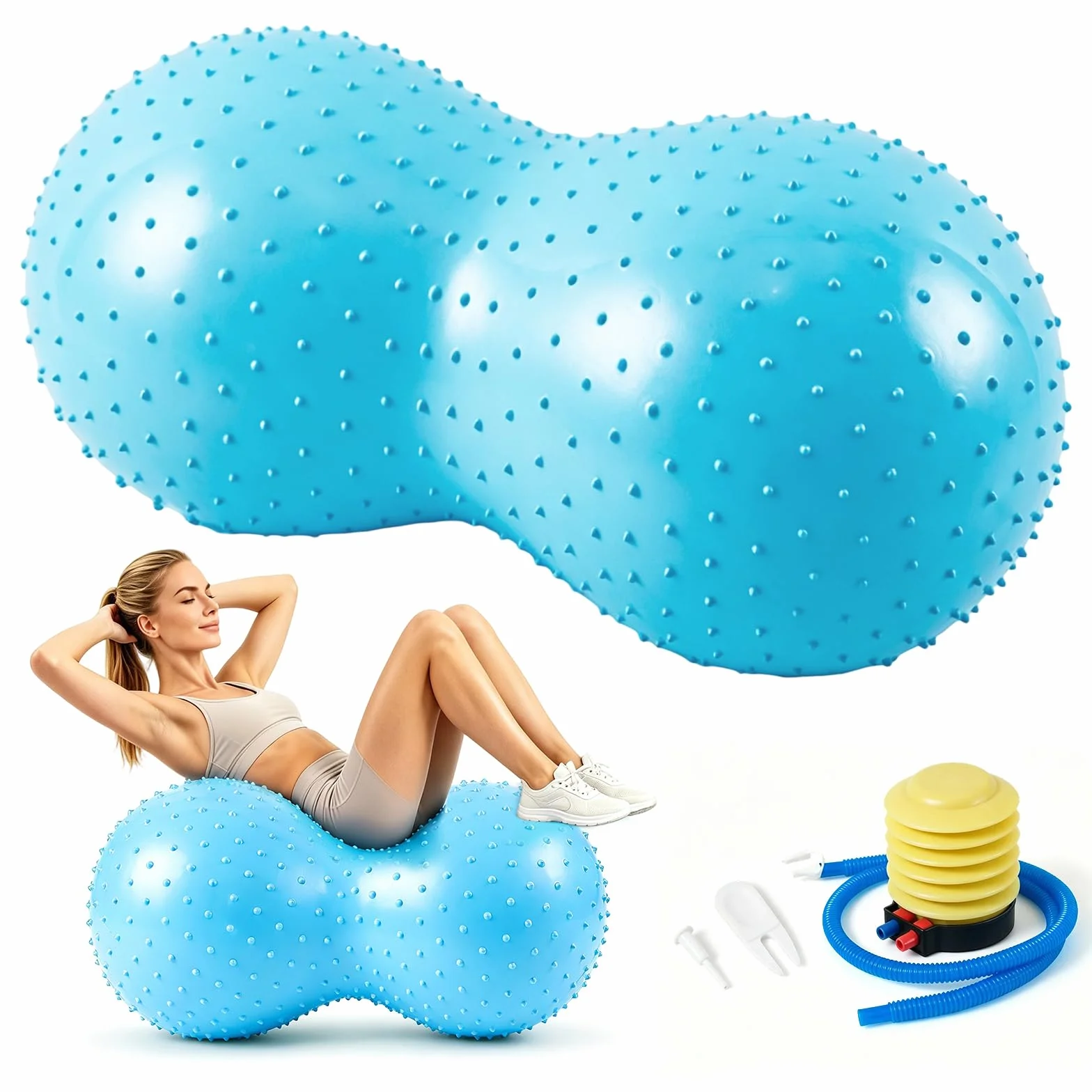 Pelota de yoga cacahuete 45x90 cm antipinchazos con bomba de aire azul