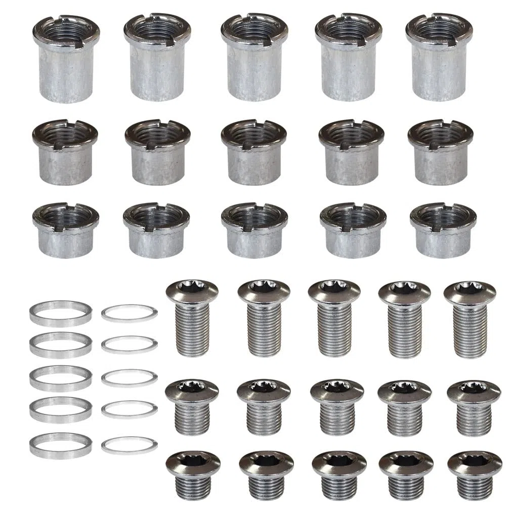 5 piezas para cada uno/doble/triple, tornillos de cadena, tuercas de disco, rueda de cadena + 10 arandelas para bicicleta de carretera, bicicleta de montaña, MTB (25 piezas)