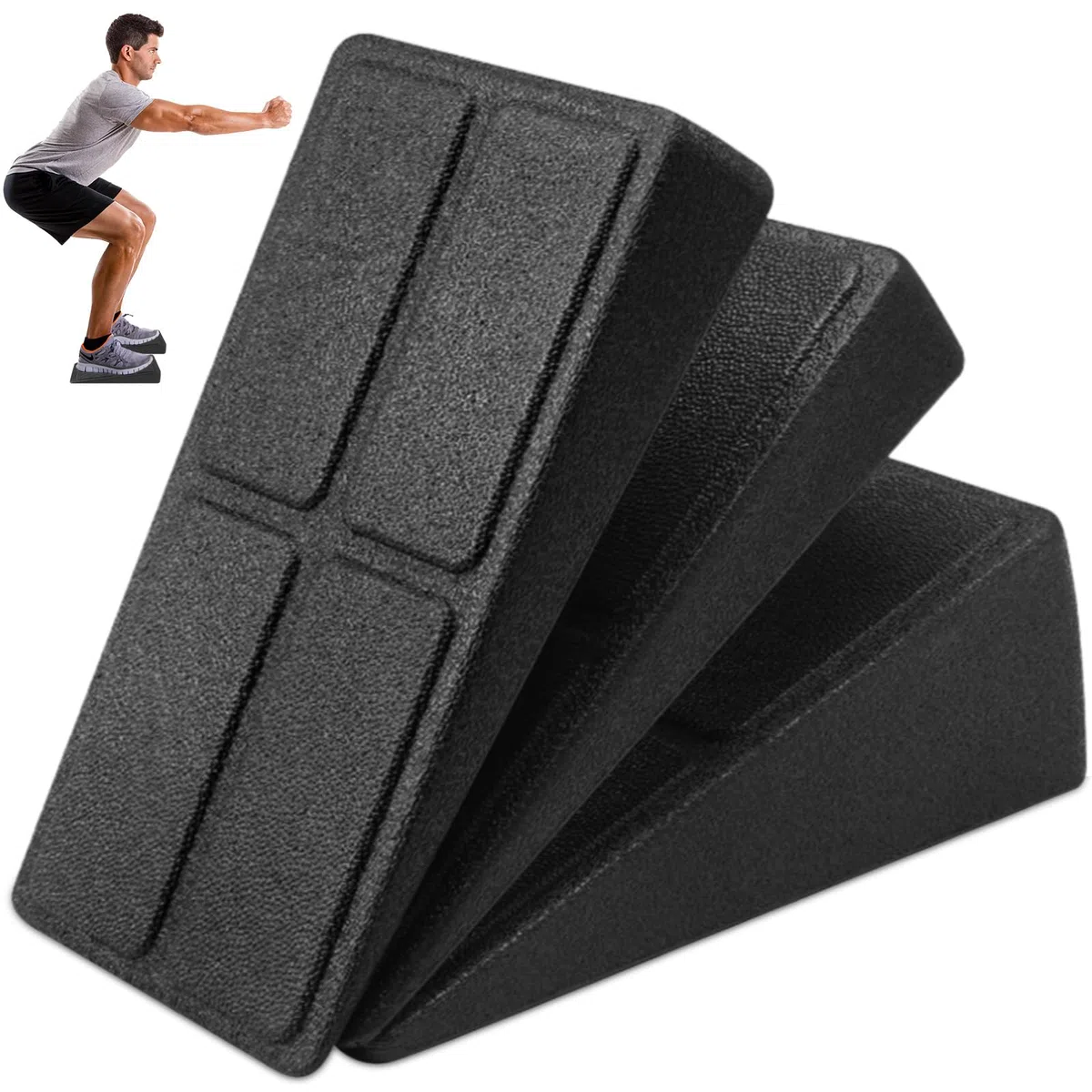 3 Piezas Cuña Sentadillas Espuma EPP Antideslizante Negro, Tablero Inclinado Squat Ajustable y Portátil, Equipo Fitness Ajuste Multiángulo para Entrenamiento Gym, Estiramiento & Fuerza Pantorrillas