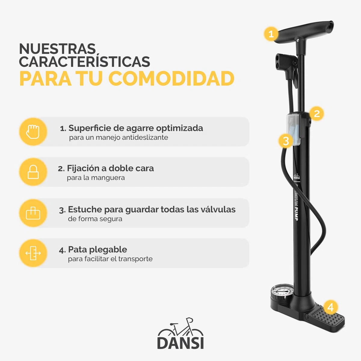 DANSI Bomba de pie para Bicicleta con Todas Las válvulas AV, SV, DV - Bomba de Aire con manómetro Grande, adaptadores y depósito | para Motocicleta, Bicicleta eléctrica