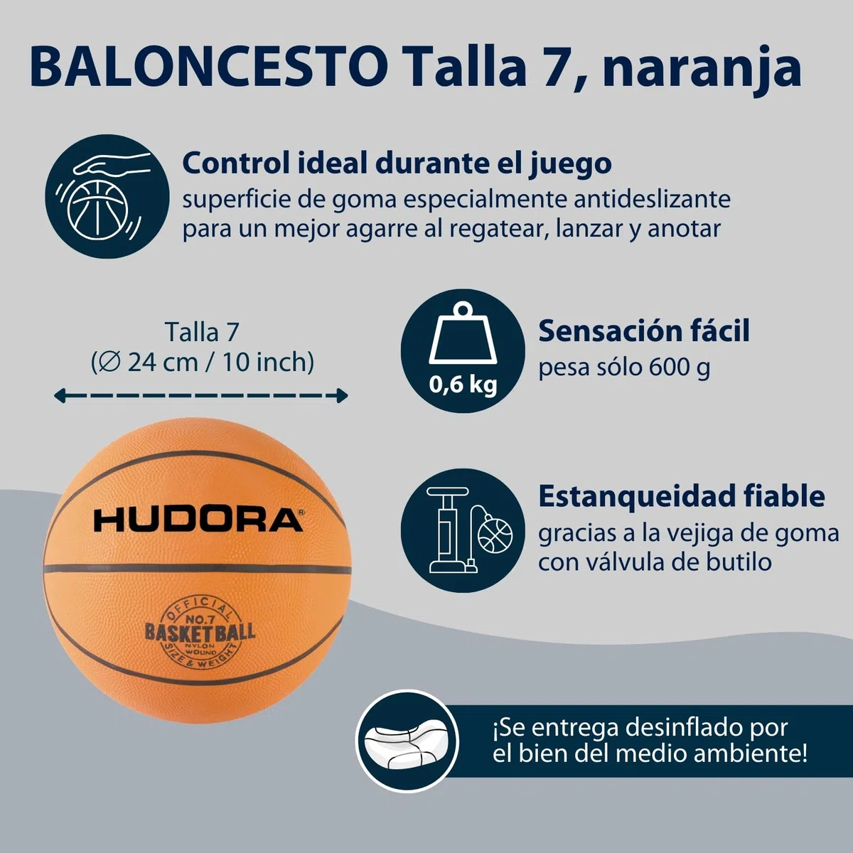 HUDORA Baloncesto tamaño 7 Naranja, sin inflar - Baloncesto de Goma para Interiores y Exteriores para niños, jóvenes y Adultos - Baloncesto de Goma Natural para Principiantes y avanzados