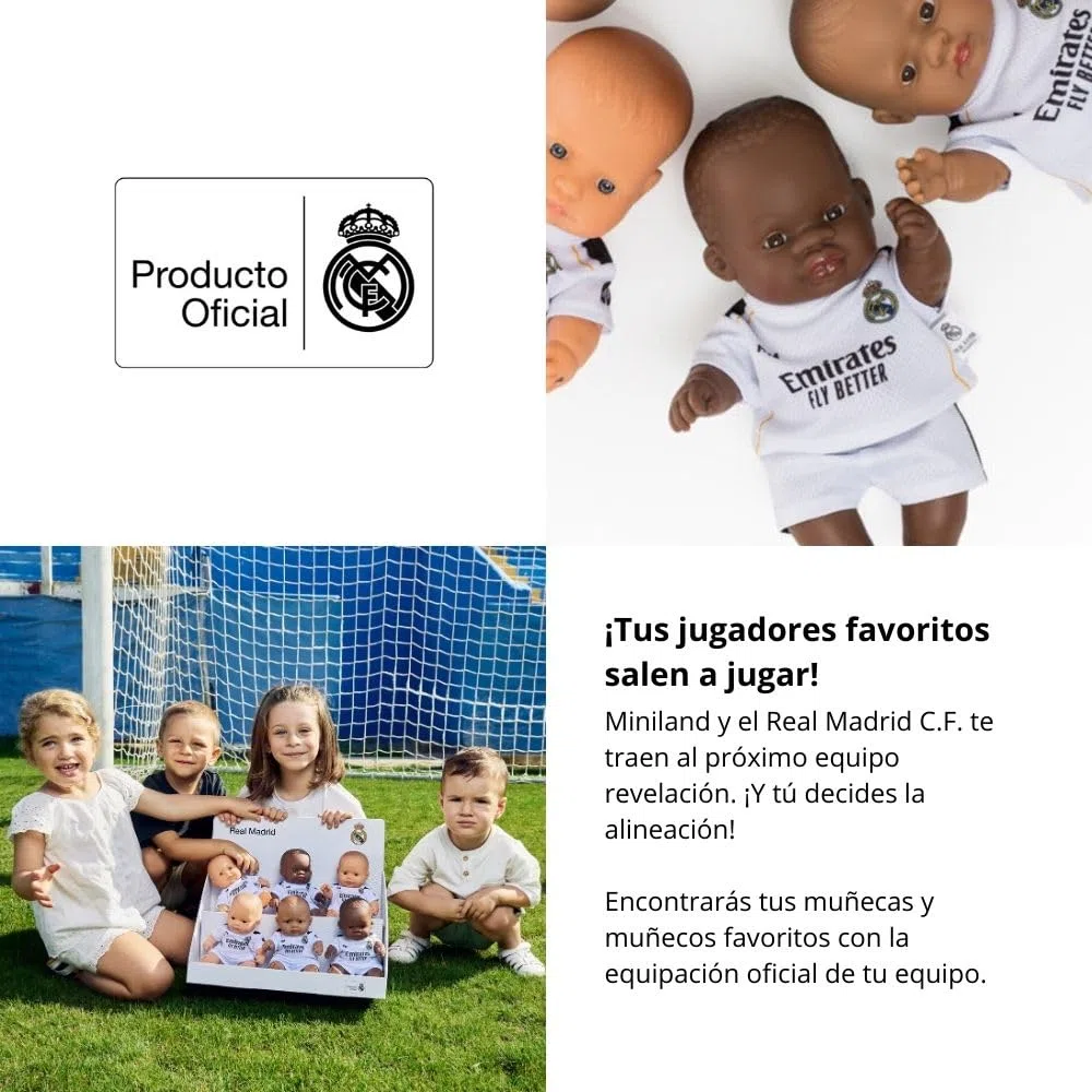 Miniland Real Madrid Muñeco 21 cm con Equipación Oficial Blanca, Muñeco Madrid Fútbol Articulado y Coleccionable, Licencia Oficial | Niño Africano