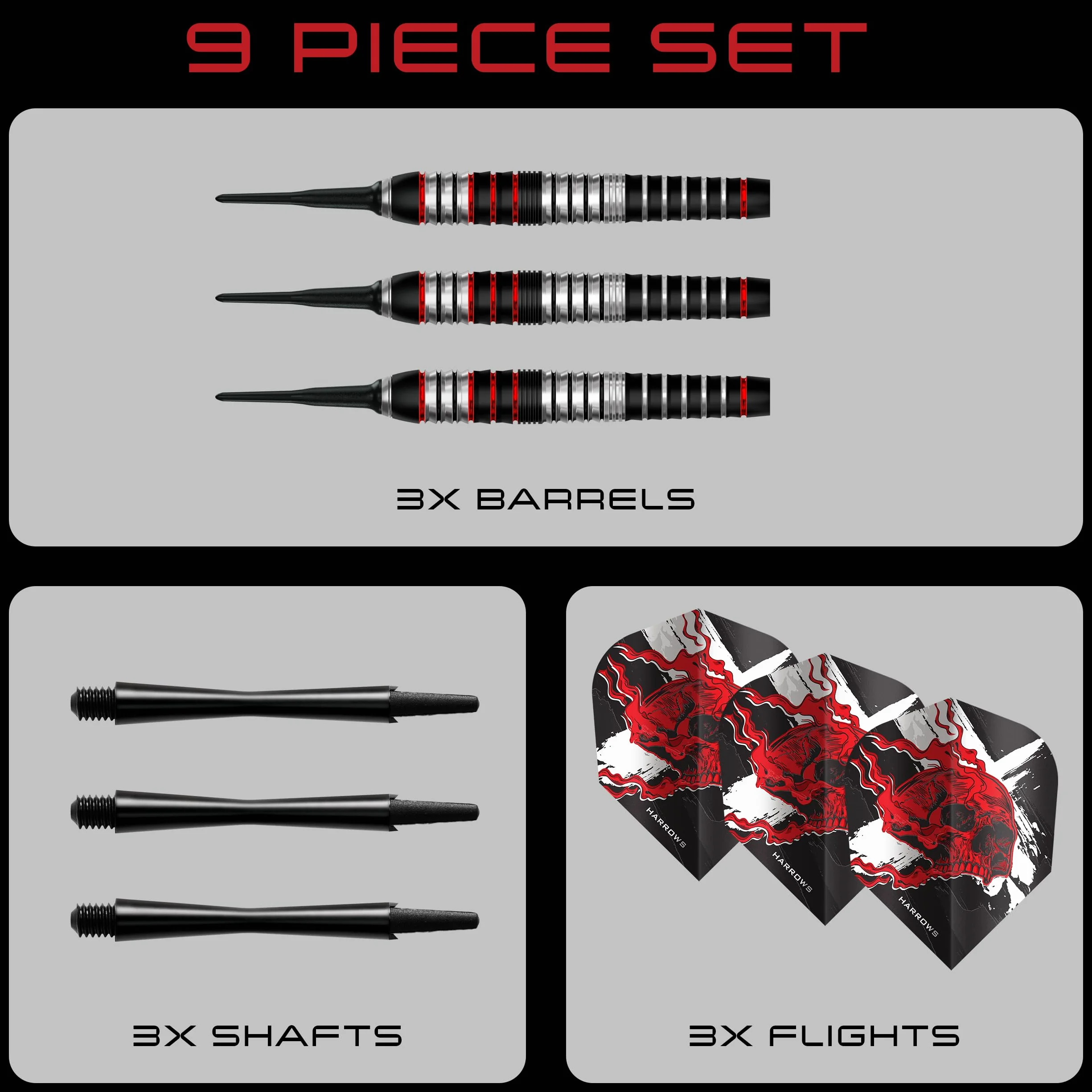 Harrows Ryan Searle Heavy Metal - Juego de dardos de punta blanda de acero inoxidable en 18 g o 20 g – Incluye cañas Speedline, plumas de 100 micras y caja de dardos, dardos de punta blanda resistente