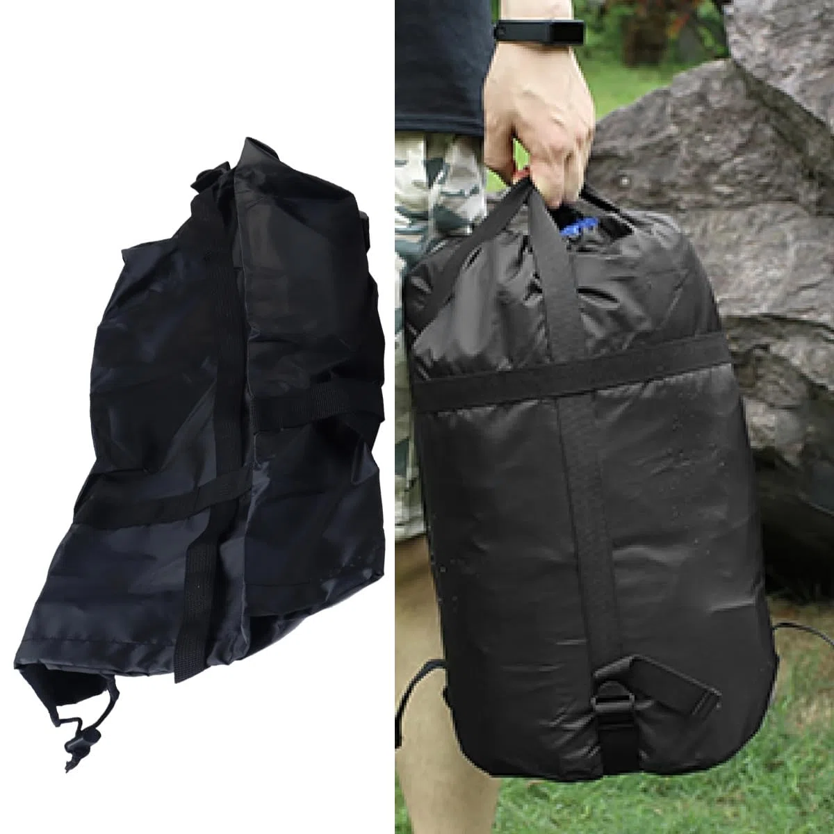 Paquete de 2 bolsas de compresión de tela Oxford para sacos de dormir, ropa, acampada al aire libre, viajes, bolsas de almacenamiento impermeables con correas de cordón.