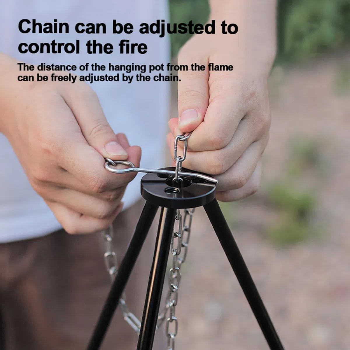 Trípode para cocinar sobre el fuego, accesorios de camping, campamento al aire libre con cadena ajustable, aleación de aluminio, equipo de supervivencia ligero y plegable