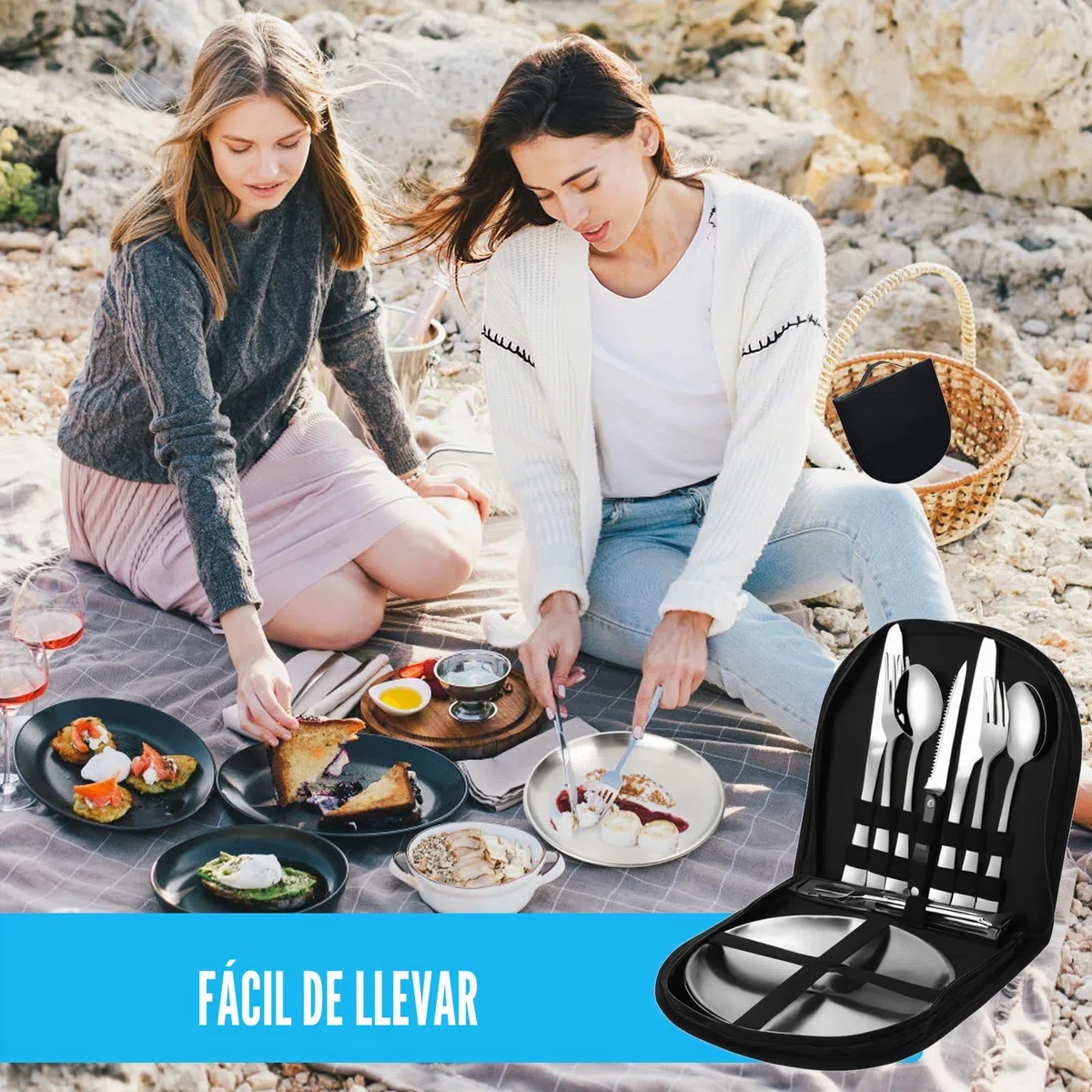 Vajilla de camping para 2 personas, juego de 12 piezas con tenedores de acero inoxidable, cubiertos de camping portátiles de acero inoxidable, para camping, pícnic, viajes