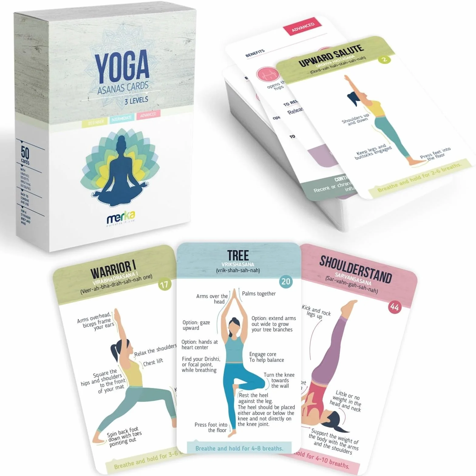 Merka Tarjetas De Posturas De Yoga: Accesorios de yoga para principiantes y maestros, baraja de 50 tarjetas de yoga para hombres, mujeres y niños; guía completa de posturas y secuencias esenciales.