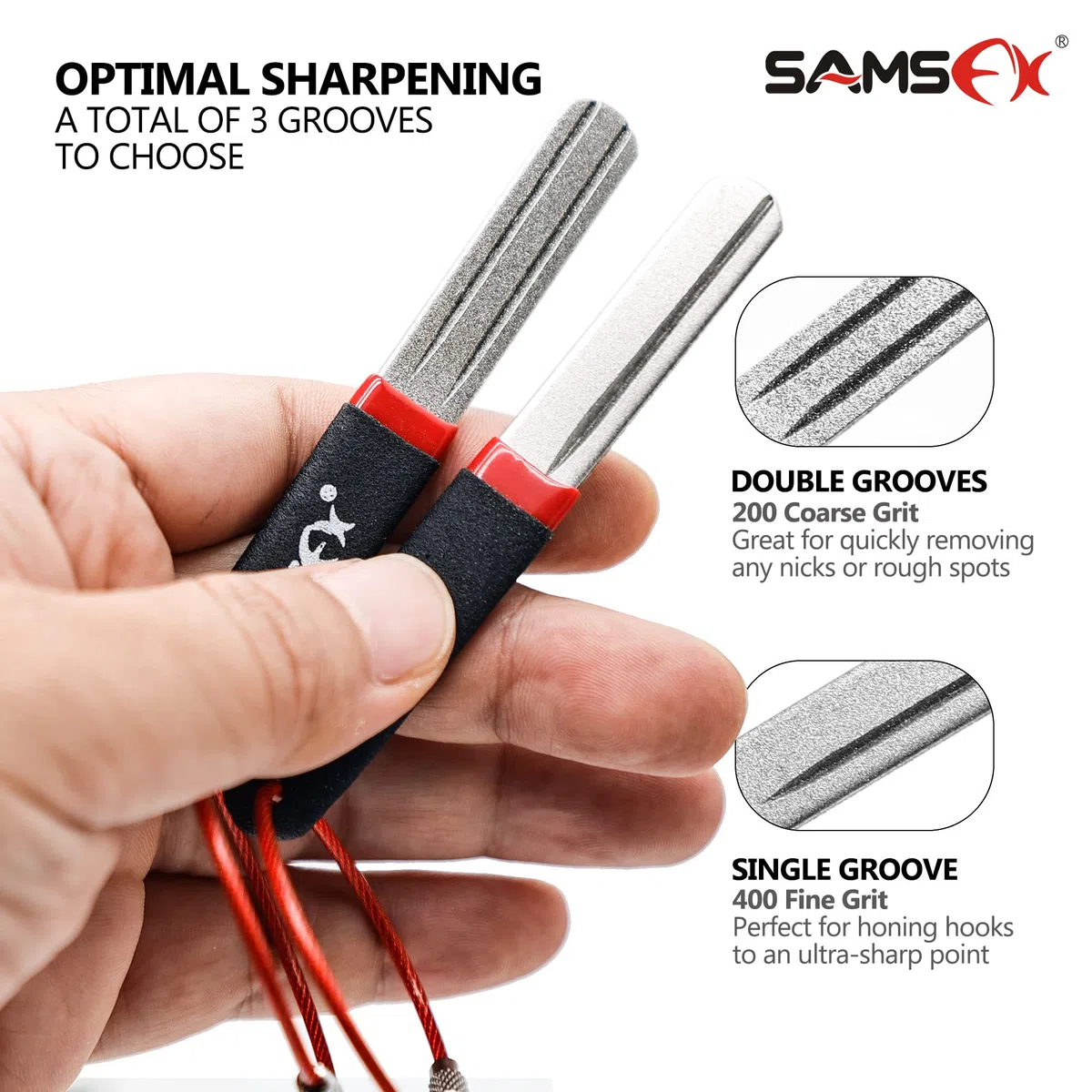 SAMSFX Afilador de anzuelos de pesca de doble grano de diamante, herramienta de molienda para pescadores, paquete de 2 unidades en paquete (mango negro y rojo)