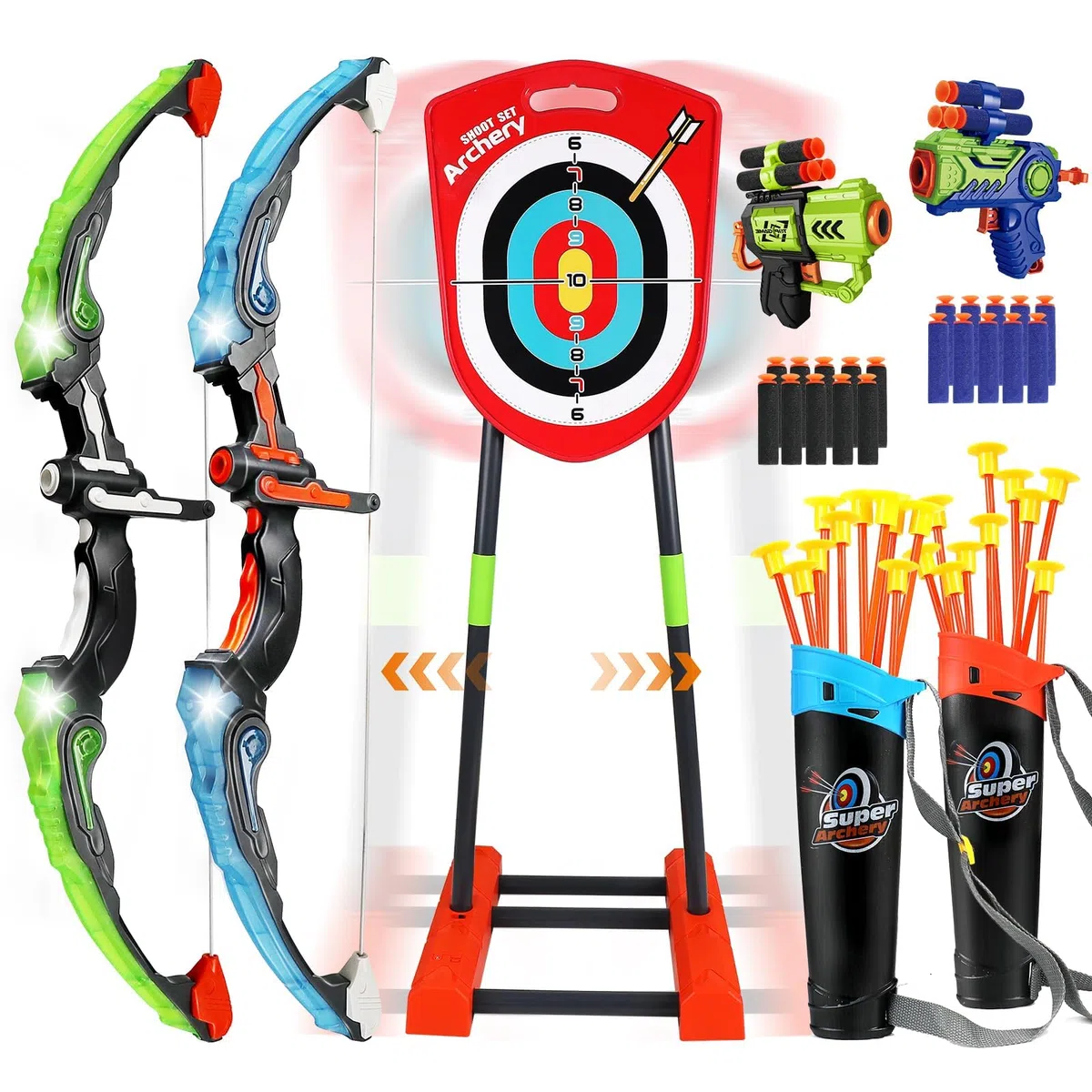 Arco y Flechas para Niños con Luces LED, Juego de Tiro con Arco con 2 Arcos, 1 Diana de Pie, 2 Pistolas de Flechas de Espuma, 20 Flechas y 2 Carcajs, Juguetes Regalos para 4-12 Niños Niñas