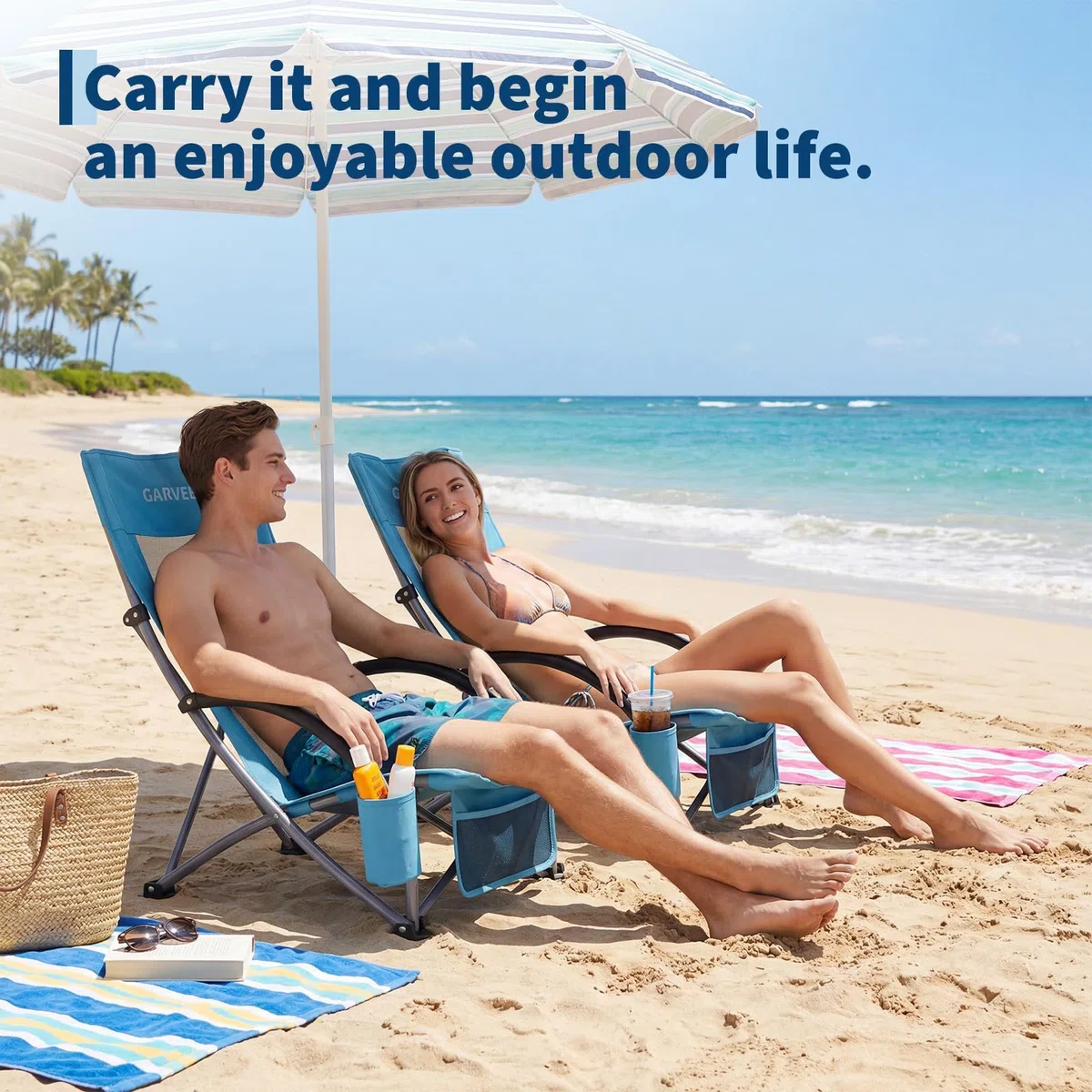 Garvee Silla de Playa Plegable Ligera – Respaldo de Malla Transpirable y Reposabrazos Acolchados – Estructura de Acero 150 kg – Portavasos y Bolsa para Móvil – Ideal para Camping, Jardín (2pcs)