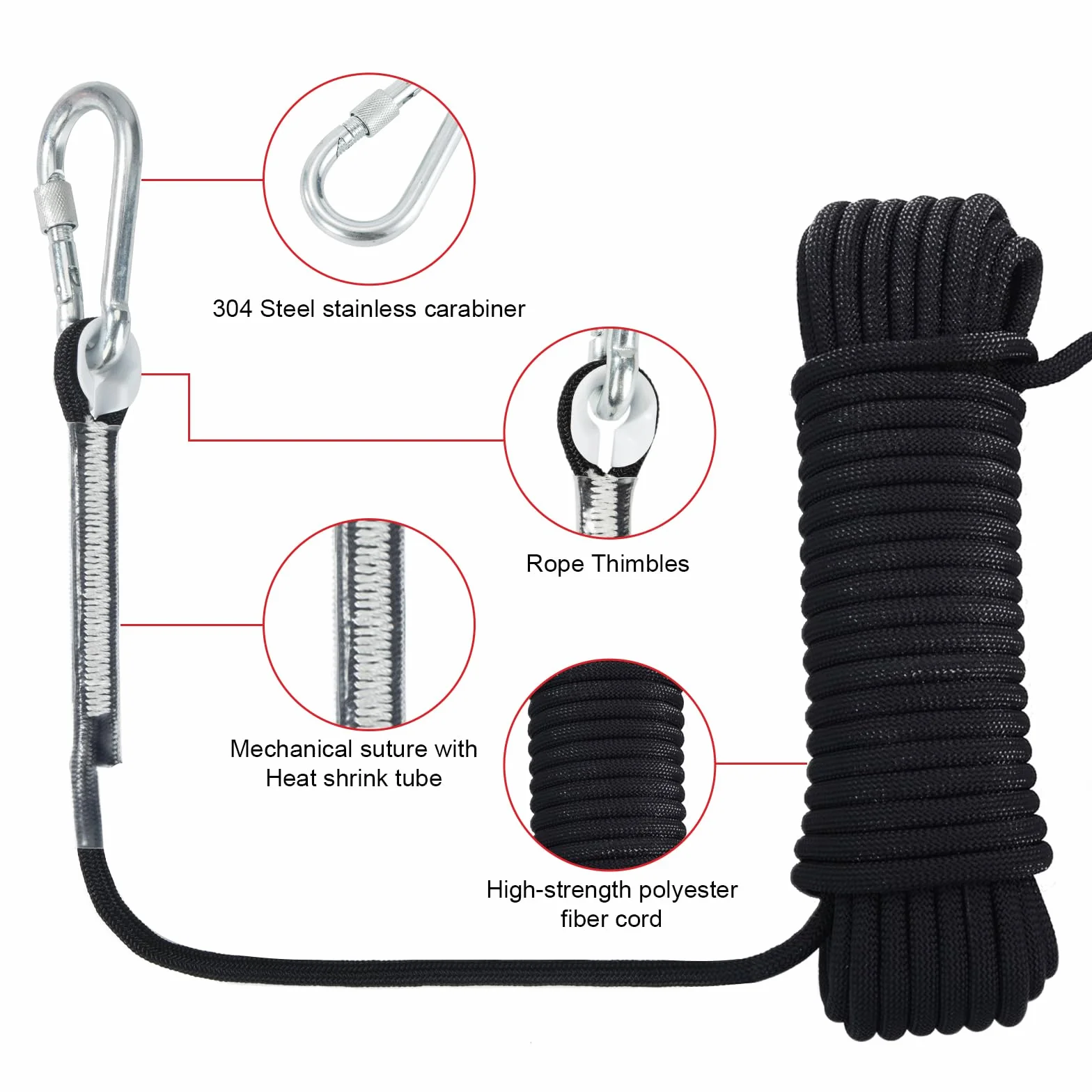 Cuerda de Escalada Estática 8 mm con Mosquetones, Nailon Trenzado, 10M