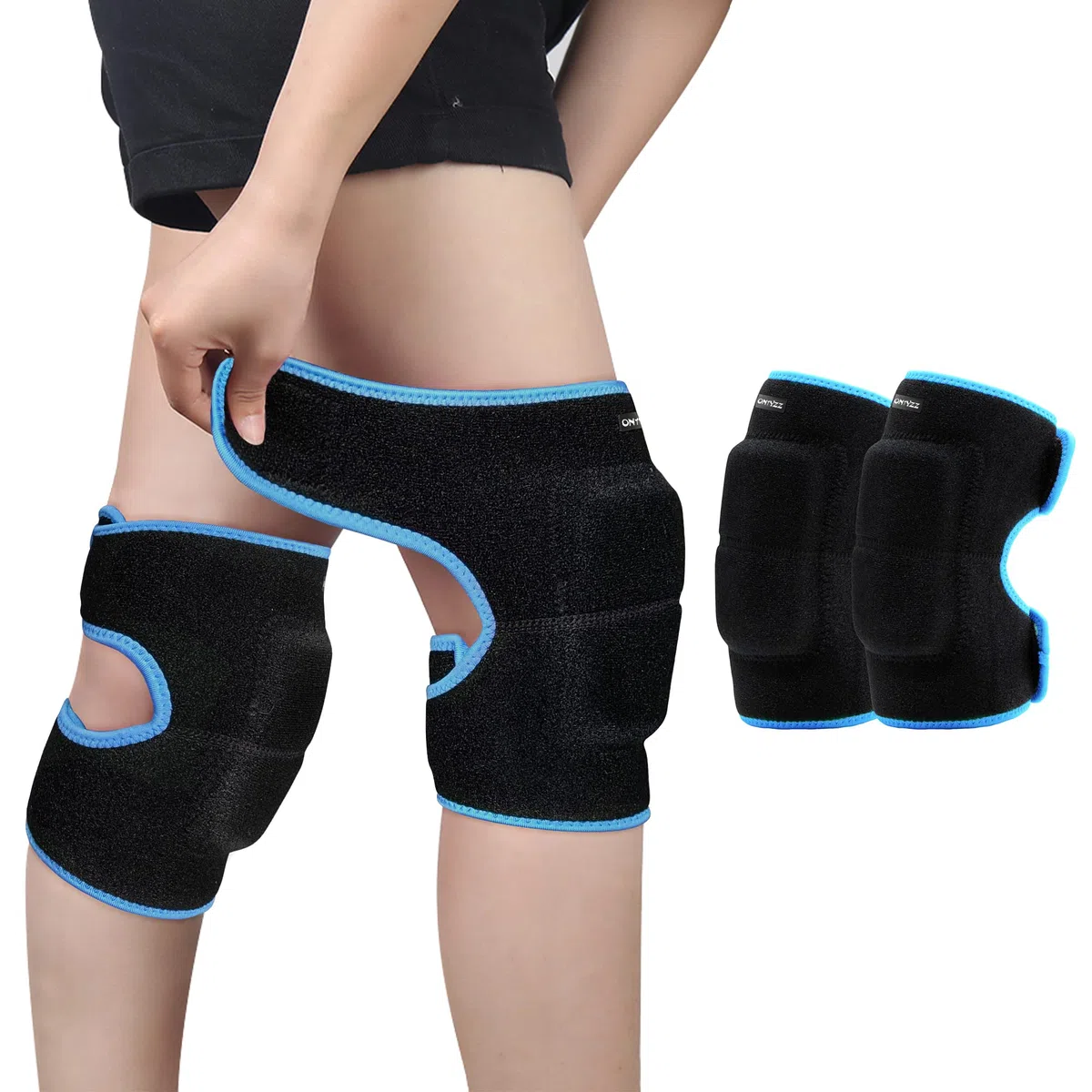 ONTYZZ Rodilleras para niños y niñas, ajustables, suaves, con almohadilla SBR gruesa para descenso, ciclismo, danza, voleibol, gateo, deporte, rodilleras, color negro y azul
