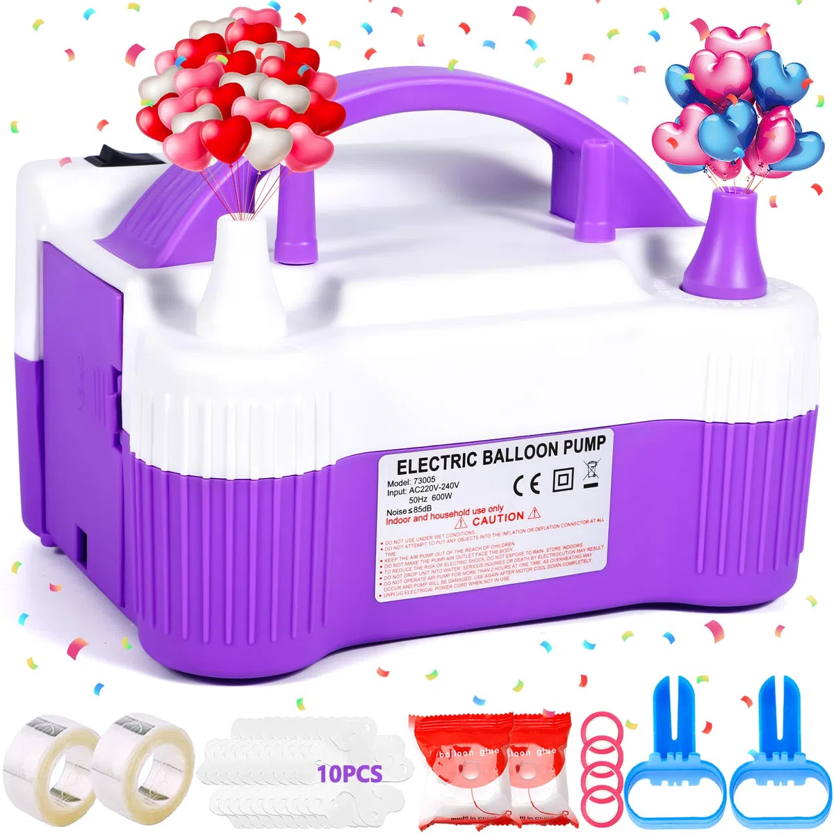 MOYKSRR Bomba de Globo de Aire Eléctrica, Inflador Eléctrico de Globos, 600W Bomba de Aire de Doble Boquilla, Portátil Inflador Globos para Decoración de Fiestas,Navidad,Cumpleaños,Bodas, Púrpura