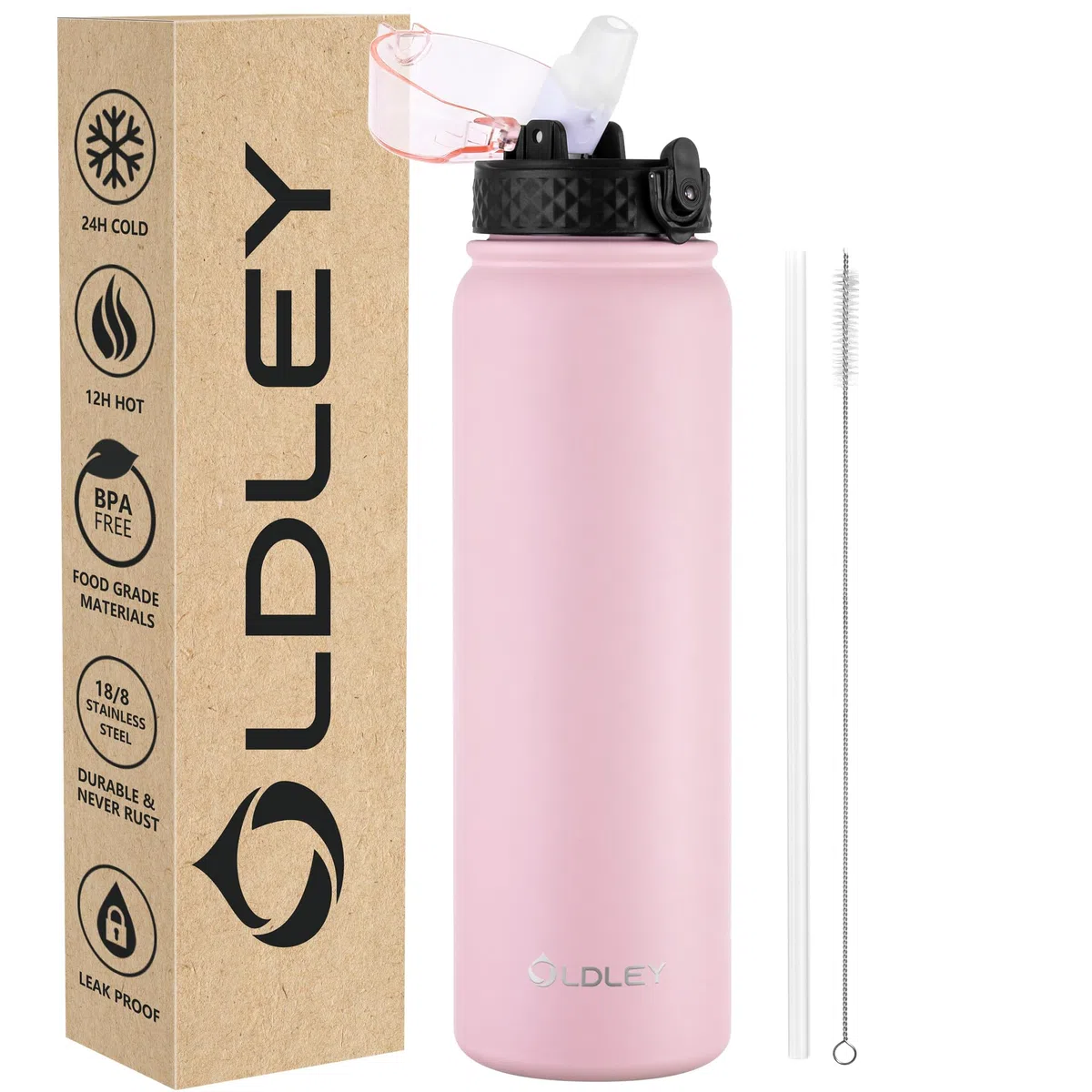 OLDLEY 1L Botella Agua Acero Inoxidable con Pajita, Aislado al Vacío Botellas Agua Metal Prueba de Fugas, Mantiene las Bebidas Calientes y Frías para Bicicleta, Camping, Deportes, Mujeres, Hombres
