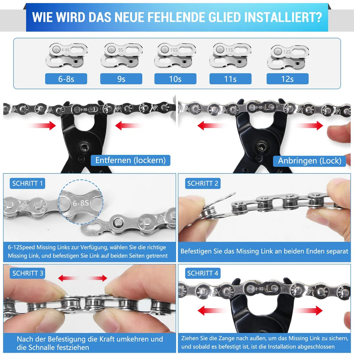 Tronchacadenas Bicicleta, Herramienta de Cadenas de Bicicleta con Alicates de Bloqueo de Cadena, Desgaste de la Cadena, 5 Pares Eslabones Perdidos para Cadena de 6-8/9/10/11/12 Velocidad