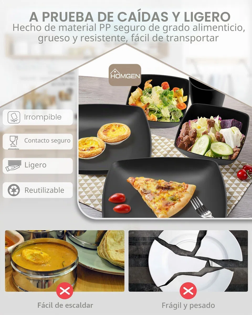 HOMGEN Juego de Platos y Tazones de Plástico de 12 Piezas- Juego de Vajilla Irrompible para Camping 4 Personas - Platos de Cocina Reutilizables, Juego de Cena Apto para Microondas y Lavavajillas