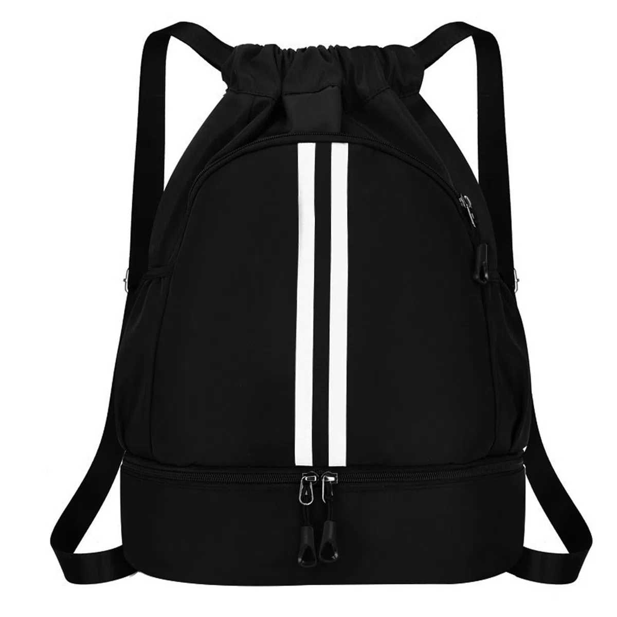 Mochila de Cuerdas Impermeable Ajustable con Cremallera para Deporte - Bolsa Grande de Gimnasio con Compartimento para Zapatos, Natacion, Fitness - para Mujer y Hombre (Negro)