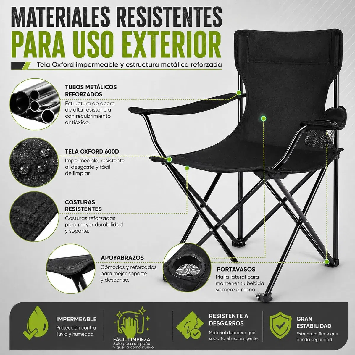 TIENDA EURASIA - Silla Playa o Camping | con Funda de Transporte y Asas | Plegable | Estructura de Metal | Asiento Impermeable | Color Negro | Medida 50 x 50 x 80 cm