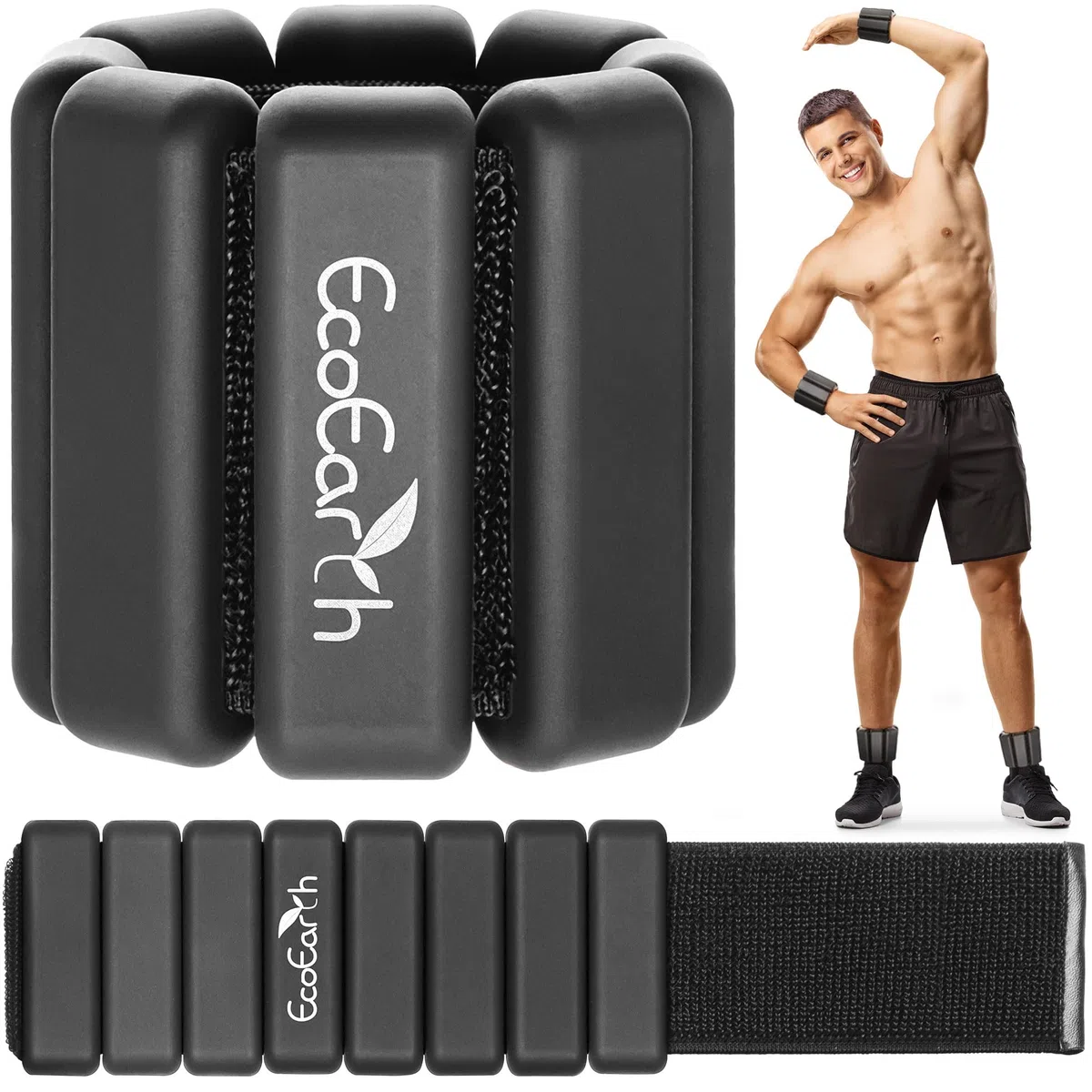 Pesas De Tobillo Y Muñeca - Juego De 2, 450 g Cada Una, Negro - Bandas De Entrenamiento Ajustables - Pulseras De Peso De Silicona Para Fitness, Entrenamiento De Fuerza, Correr, Yoga - De EcoEarth