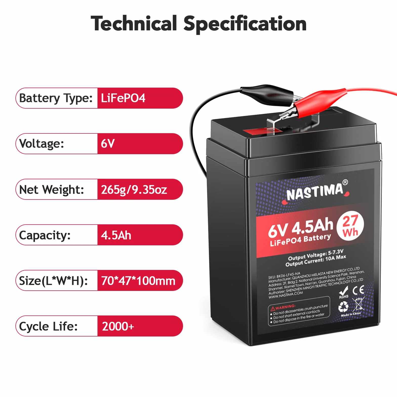 NASTIMA Batería Recargable 6V 4,5Ah LiFePO4 con Protección BMS y Ciclo Profundo 2000, Cámaras de Vigilancia, Coches de Juguete para Niños, Lanchas a Motor, Camping, Paneles Solares