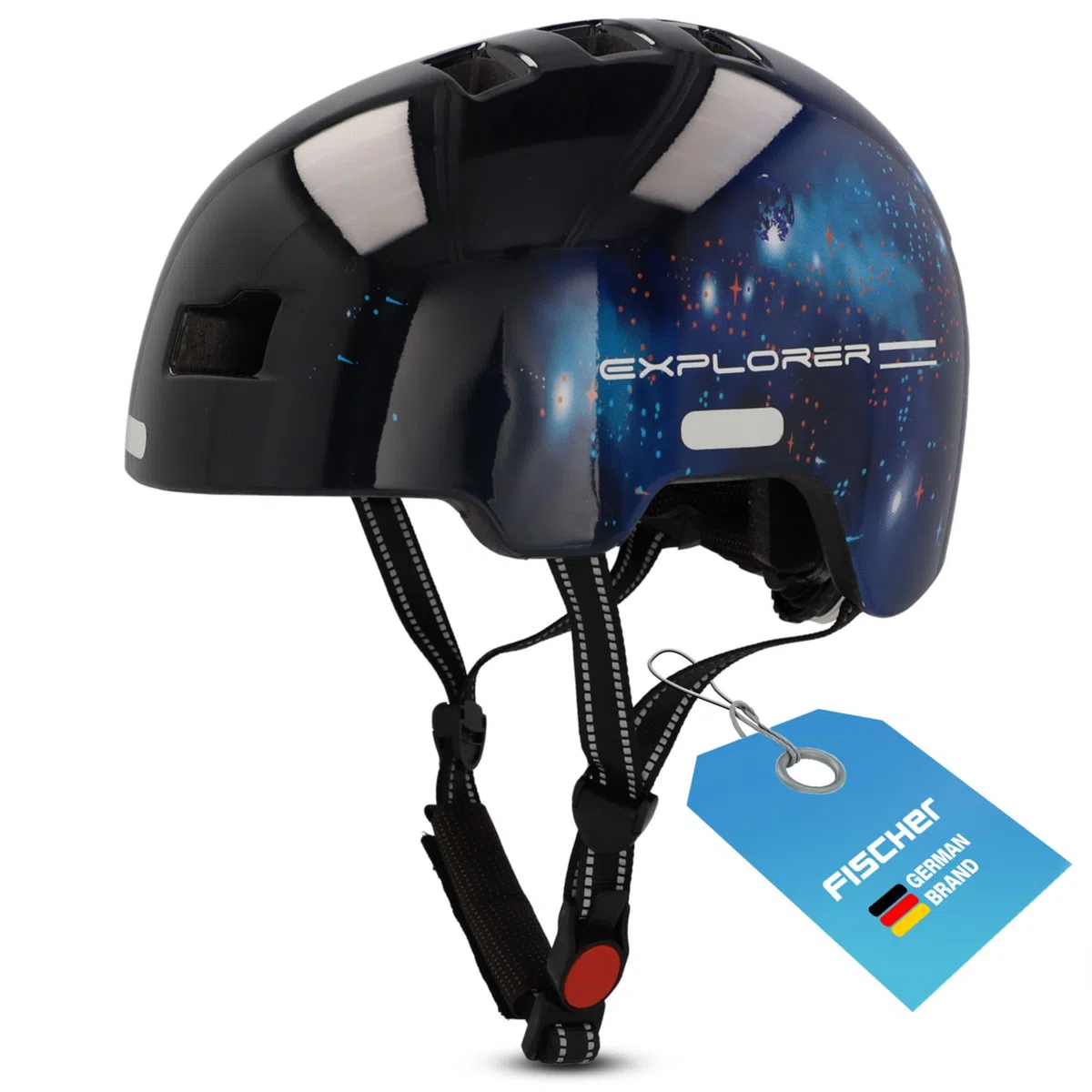 FISCHER Casco BMX Bicycle, Dirt Bike Plus Universe, S/M, 54-58 cm, Negro, con luz Trasera LED integrada