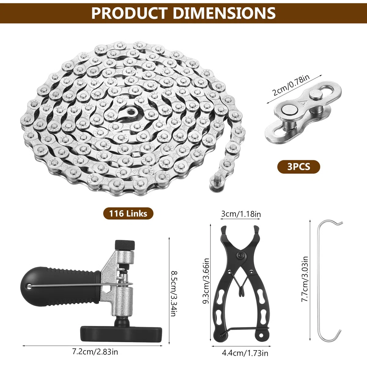 Cadena Bicicleta, Cadena de bicicleta de Montaña 6/7/8 velocidades, 116 Eslabones 1/2 x 3/32 Pulgadas, Cadenas para bicicletas de carretera, con alicates/rompedor de cadenas y 4 pares candados