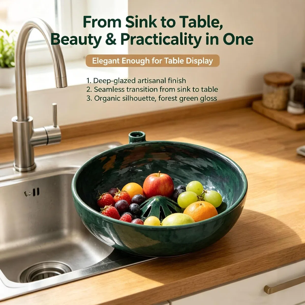 Cuenco de lavado para bayas con rotación automática en cerámica con orificios, centrifugadora de frutas, bol de cerámica con diseño de vórtice para lavar verduras y bayas en la encimera de la cocina