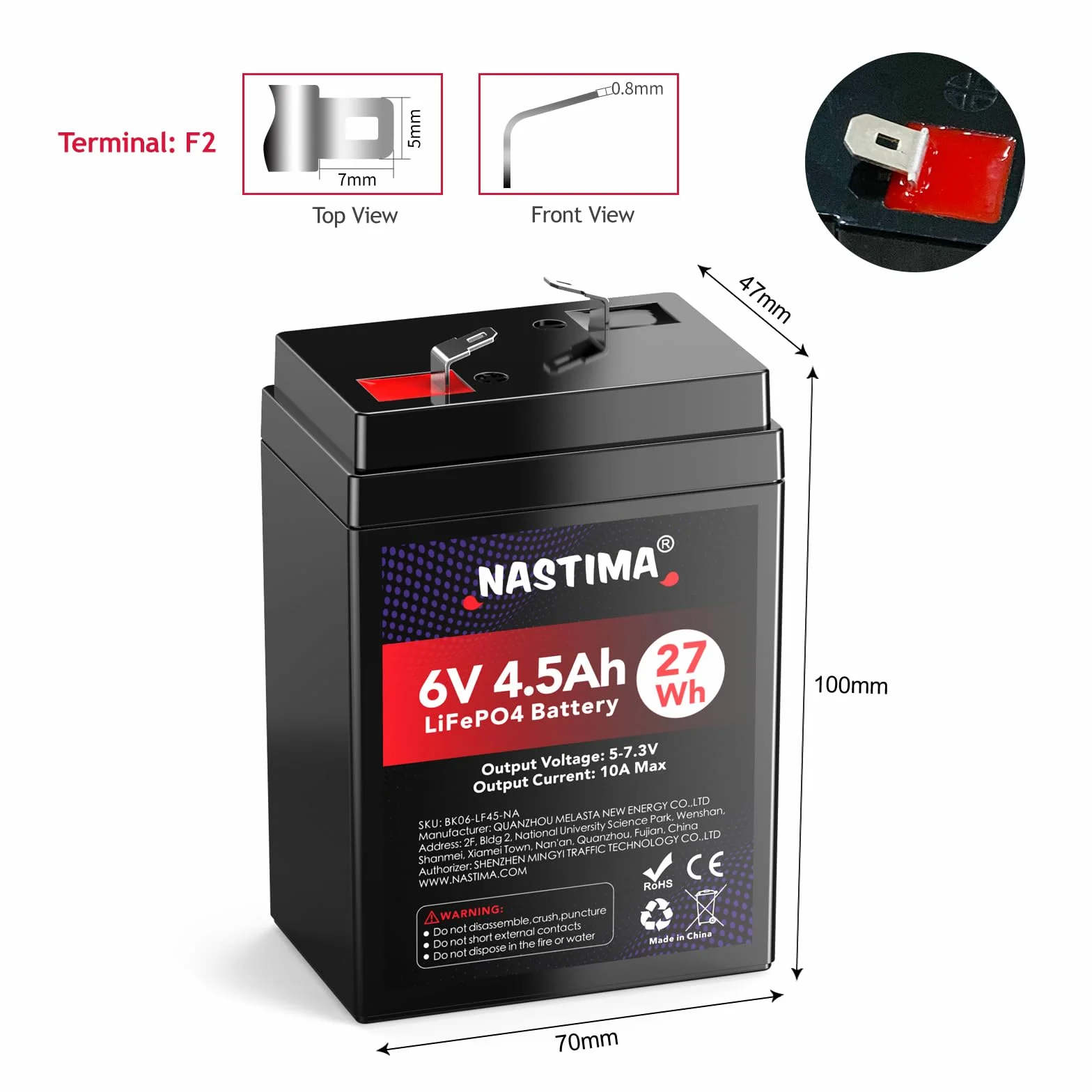 NASTIMA Batería Recargable 6V 4,5Ah LiFePO4 con Protección BMS y Ciclo Profundo 2000, Cámaras de Vigilancia, Coches de Juguete para Niños, Lanchas a Motor, Camping, Paneles Solares