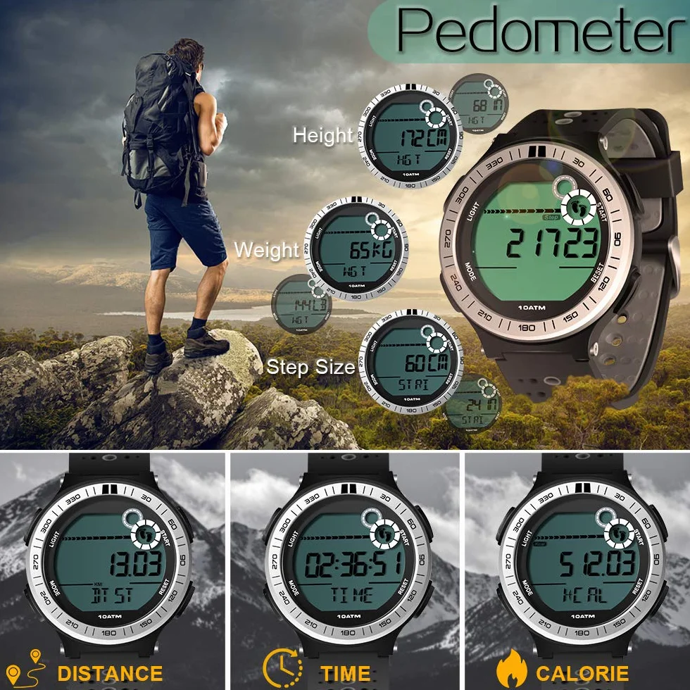 Podómetro Reloj de Pulsera Hombre Submarino Reloj Buceo 10 ATM Impermeable con Función de Cronómetro de Vuelta y Reloj Despertador, Formato de 12/24 Horas Seleccionable