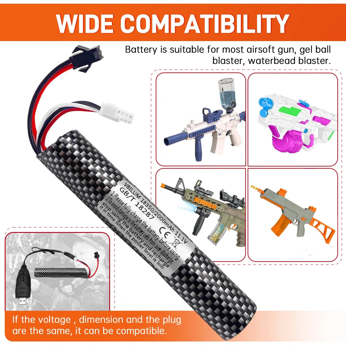 Batería de 11,1V y 2000mAh para Gel Blaster Softair con Cable de Carga Airsoft de Bola Splatter Batería Softair (1 Unidad)