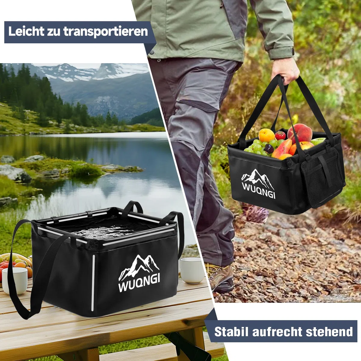 WUQNGI Bol Lavavajillas Camping 15L, Bol Plegable Camping con Asa Extra y Compartimento de Almacenamiento, Cuenco de Lavado para Exteriores